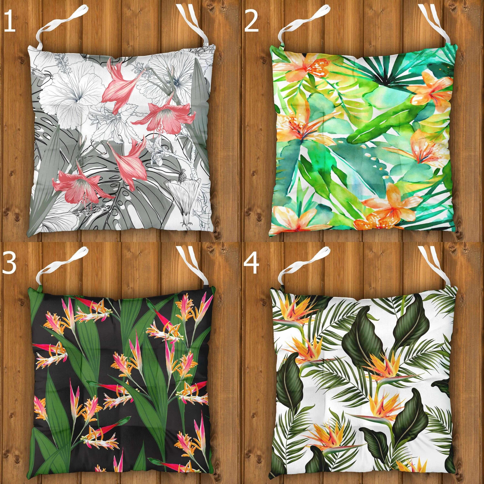 Botanical Seat Pads, Tropical Chair Cushions, Outdoor Patio Cushions, Exotic Floral Tie-On Chair Pads, Hawaiian Chair Cushions