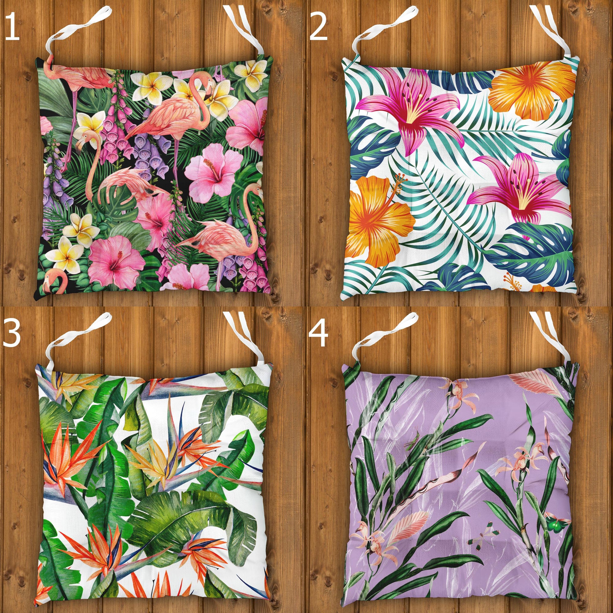 Hawaiian Chair Cushions, Botanical Seat Pads, Tropical Chair Cushions, Outdoor Patio Cushions, Exotic Floral Tie-On Chair Pads