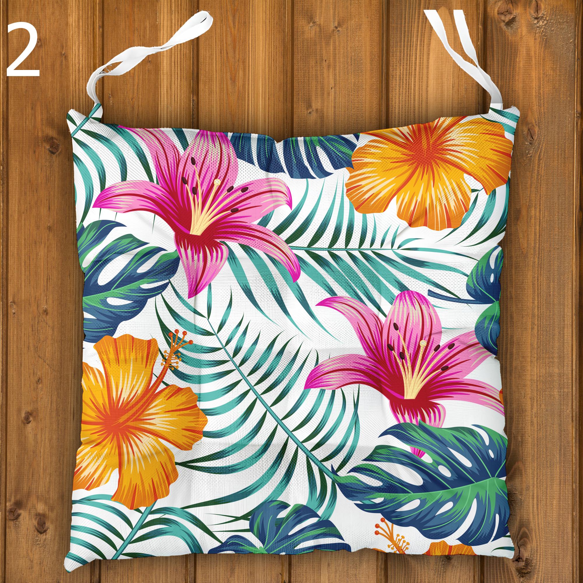 Hawaiian Chair Cushions, Botanical Seat Pads, Tropical Chair Cushions, Outdoor Patio Cushions, Exotic Floral Tie-On Chair Pads
