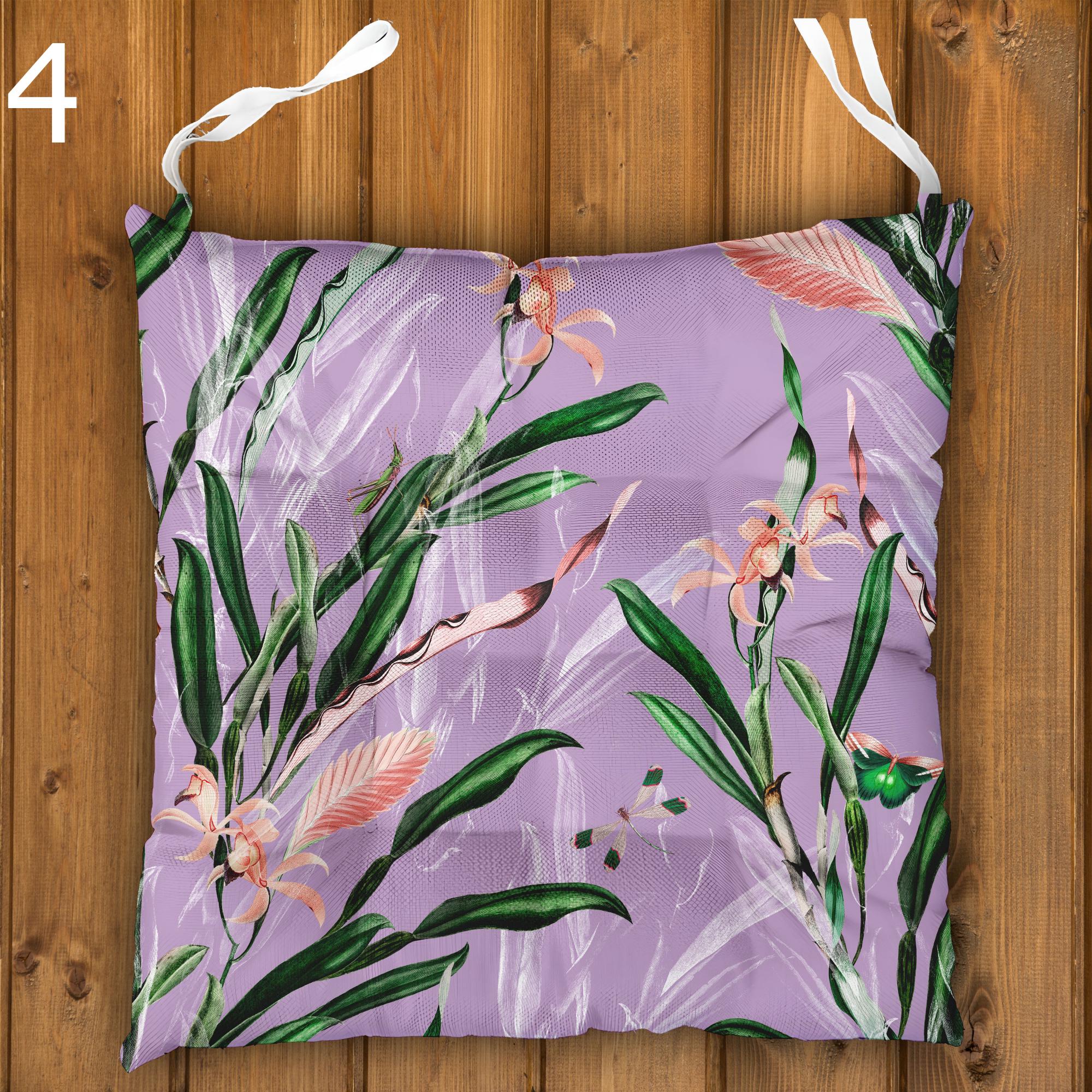 Hawaiian Chair Cushions, Botanical Seat Pads, Tropical Chair Cushions, Outdoor Patio Cushions, Exotic Floral Tie-On Chair Pads