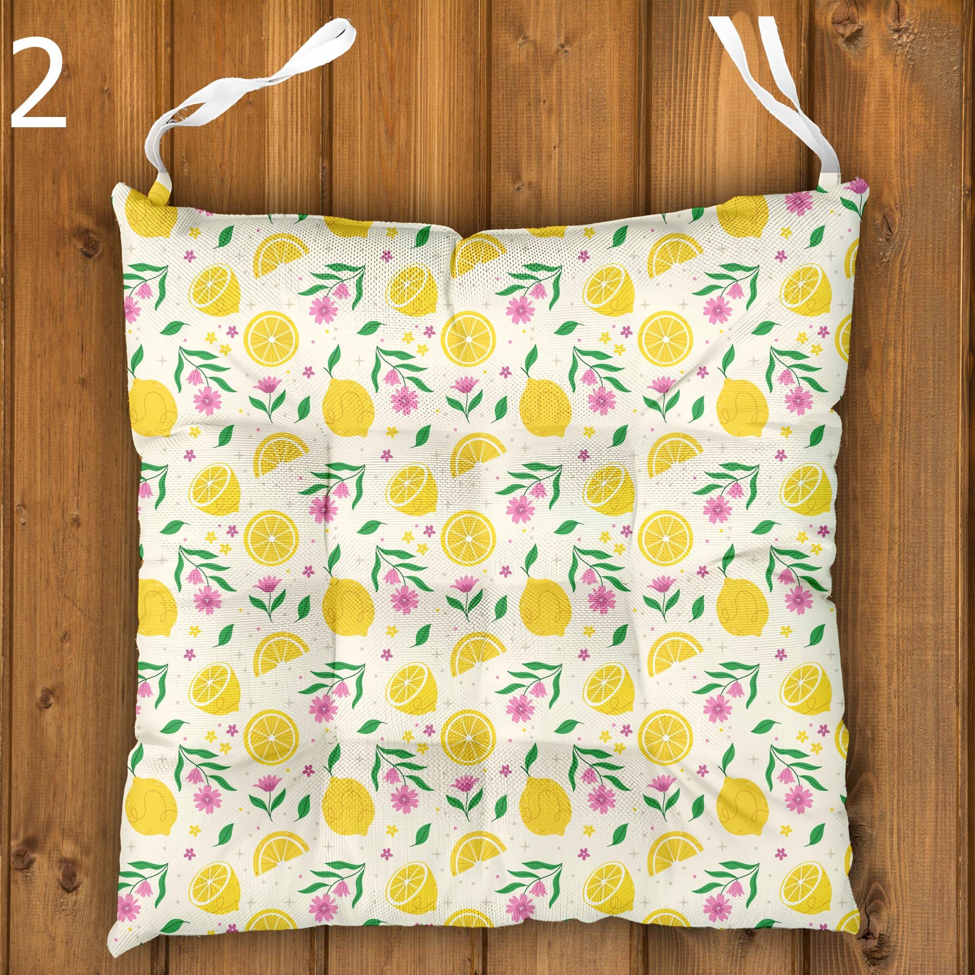 Lemon Chair Cushions, Fresh Citrus Seat Pads, Outdoor Patio Cushions, Mediterranean Themed Chair Pads, Yellow Floral Chair Cushions