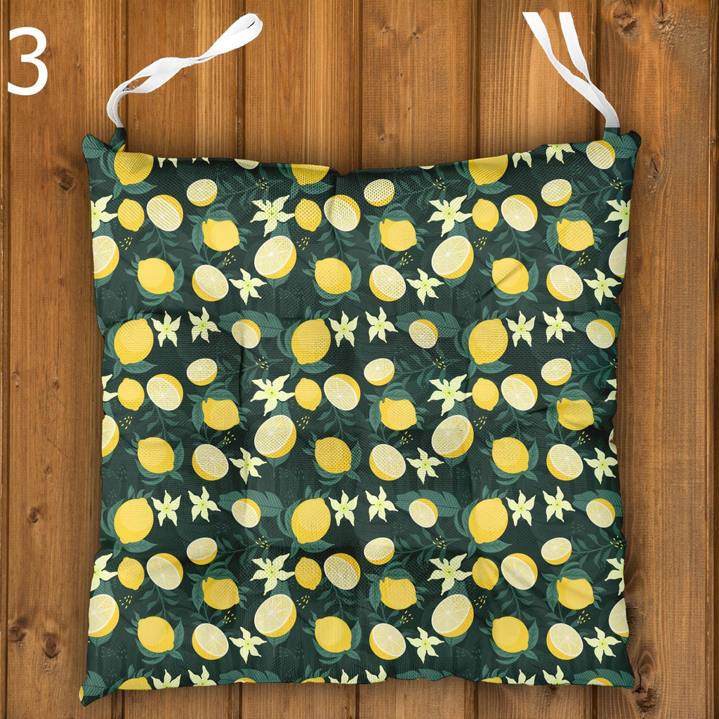 Lemon Chair Cushions, Fresh Citrus Seat Pads, Outdoor Patio Cushions, Mediterranean Themed Chair Pads, Yellow Floral Chair Cushions