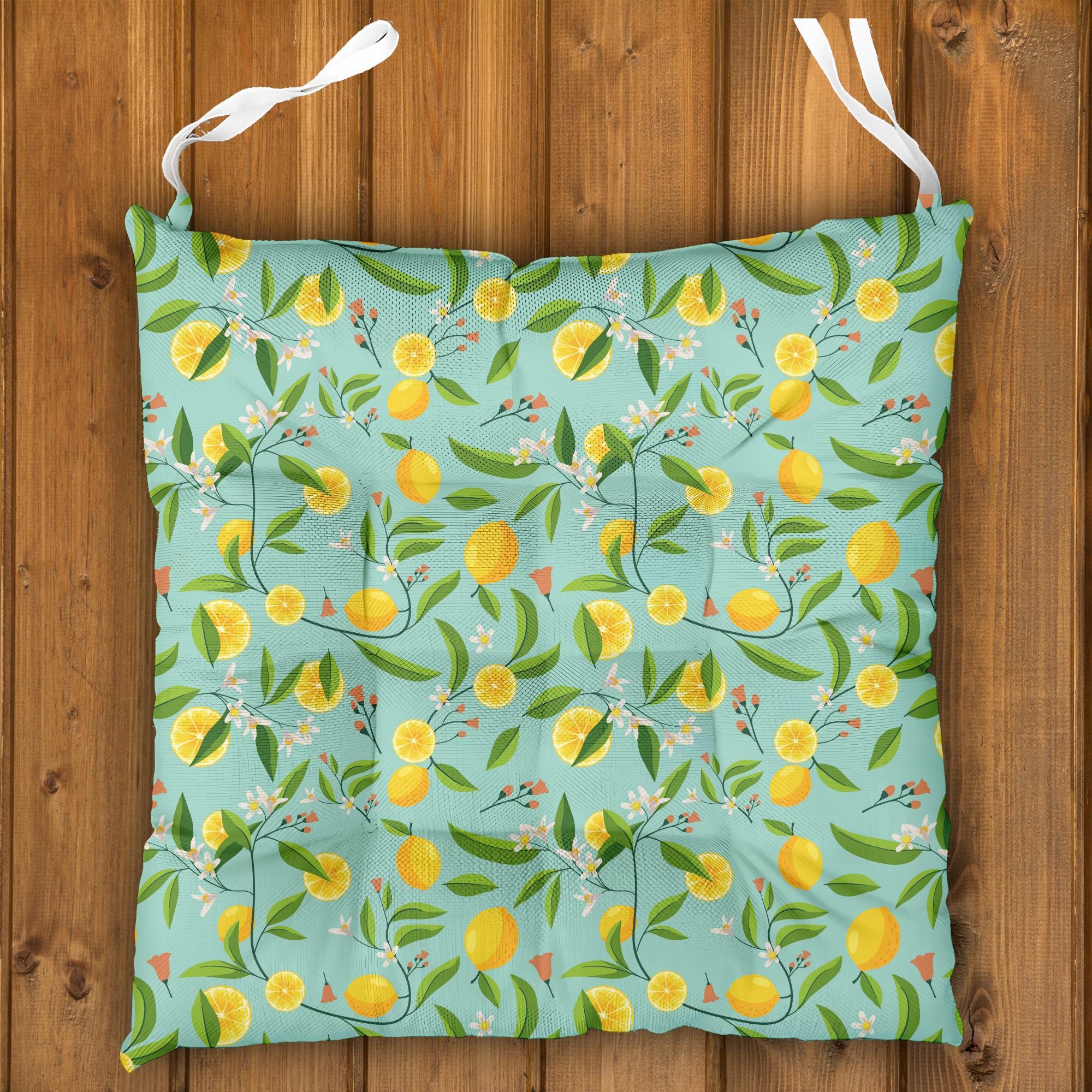 Lemon Chair Cushions, Fresh Citrus Seat Pads, Outdoor Patio Cushions, Mediterranean Themed Chair Pads, Yellow Floral Chair Cushions