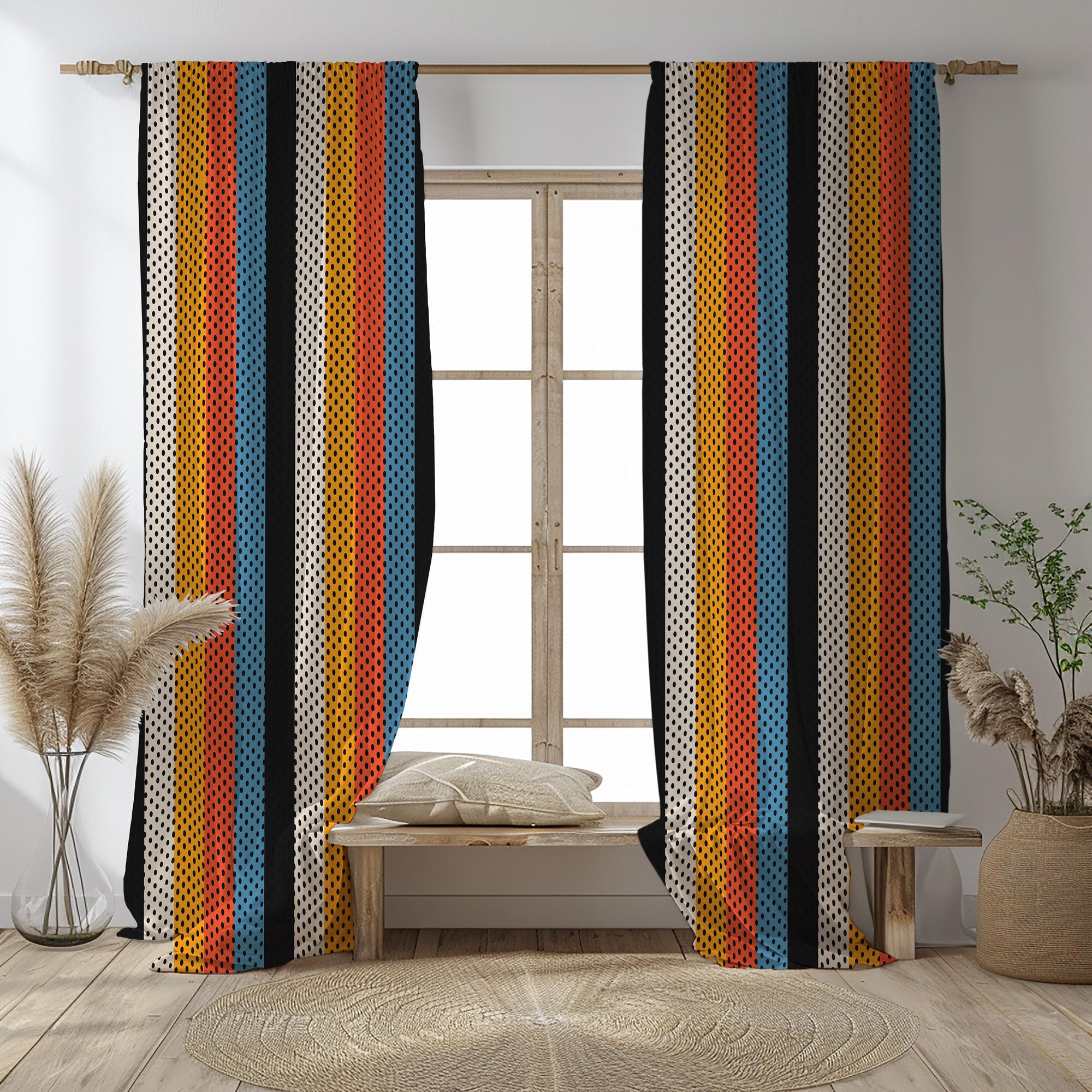 Mid-Century Modern Curtains, Retro Polka Dot Drapes, Vintage Boho Polka Curtains, MCM Curtain Panels, 70s Colorful Boho Style Print Curtains