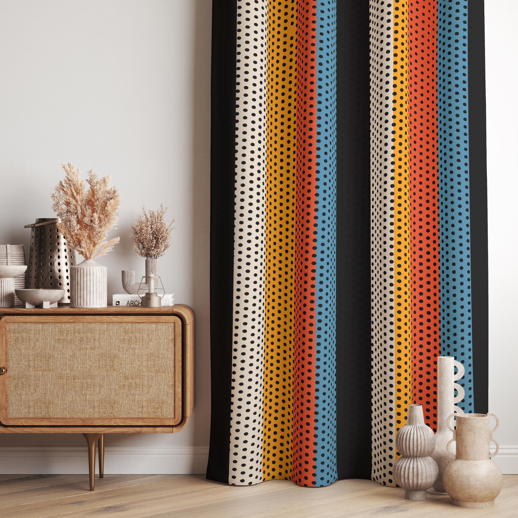 Mid-Century Modern Curtains, Retro Polka Dot Drapes, Vintage Boho Polka Curtains, MCM Curtain Panels, 70s Colorful Boho Style Print Curtains