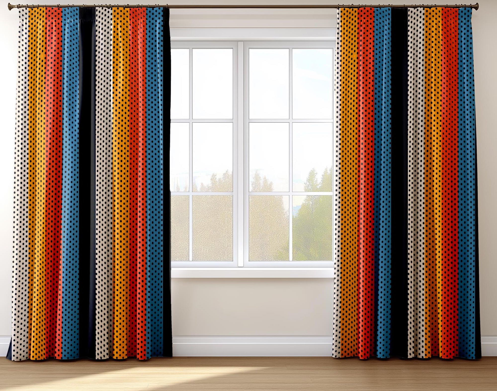 Mid-Century Modern Curtains, Retro Polka Dot Drapes, Vintage Boho Polka Curtains, MCM Curtain Panels, 70s Colorful Boho Style Print Curtains