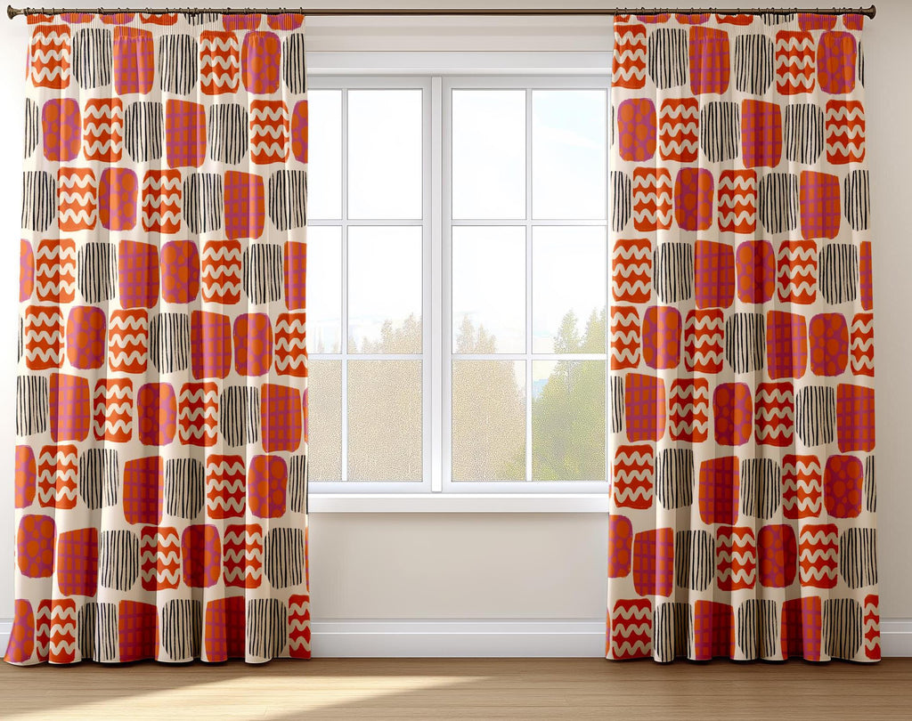 Retro Geometric Curtain Panels, Mid Century Modern Window Drapes, Abstract Boho Curtain, Colorful 70s Inspired Panel Curtains