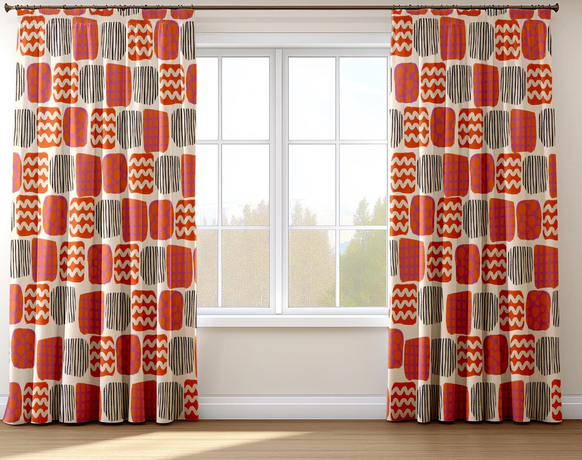 Retro Geometric Curtain Panels, Mid Century Modern Window Drapes, Abstract Boho Curtain, Colorful 70s Inspired Panel Curtains