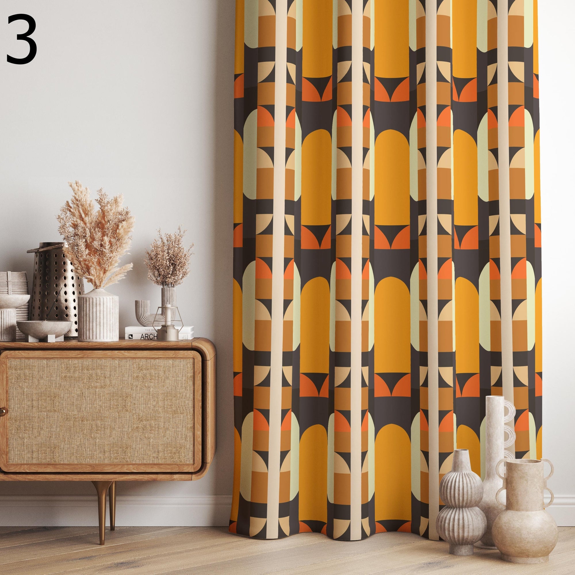 Retro Boho Curtains, Mid-Century Art Style Curtain, Modern Art Window Curtain, Abstract Art Curtains, Geometric Pattern Printed Curtain