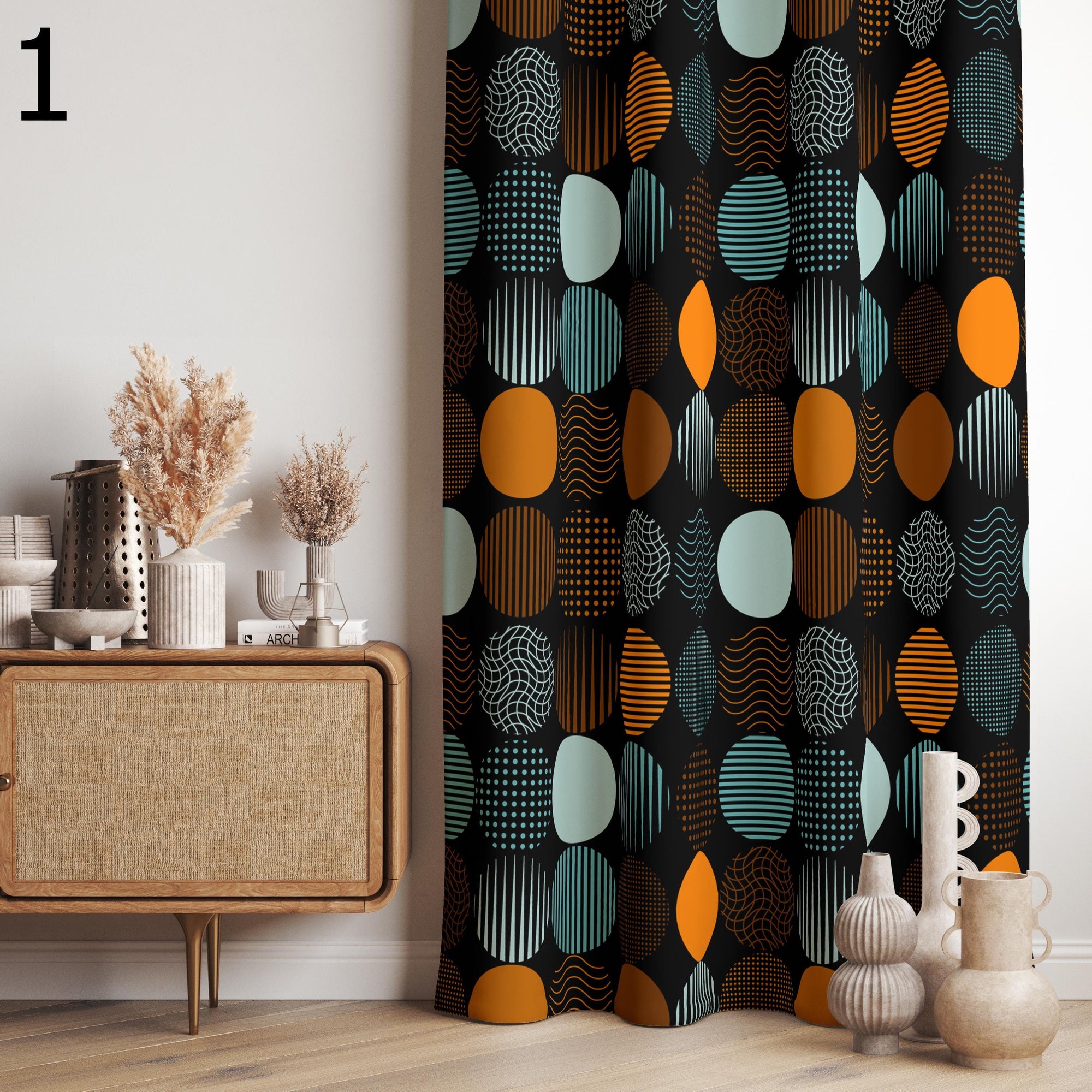 Retro Boho Curtains, Mid-Century Art Style Curtain, Modern Art Window Curtain, Abstract Art Curtains, Geometric Pattern Printed Curtain