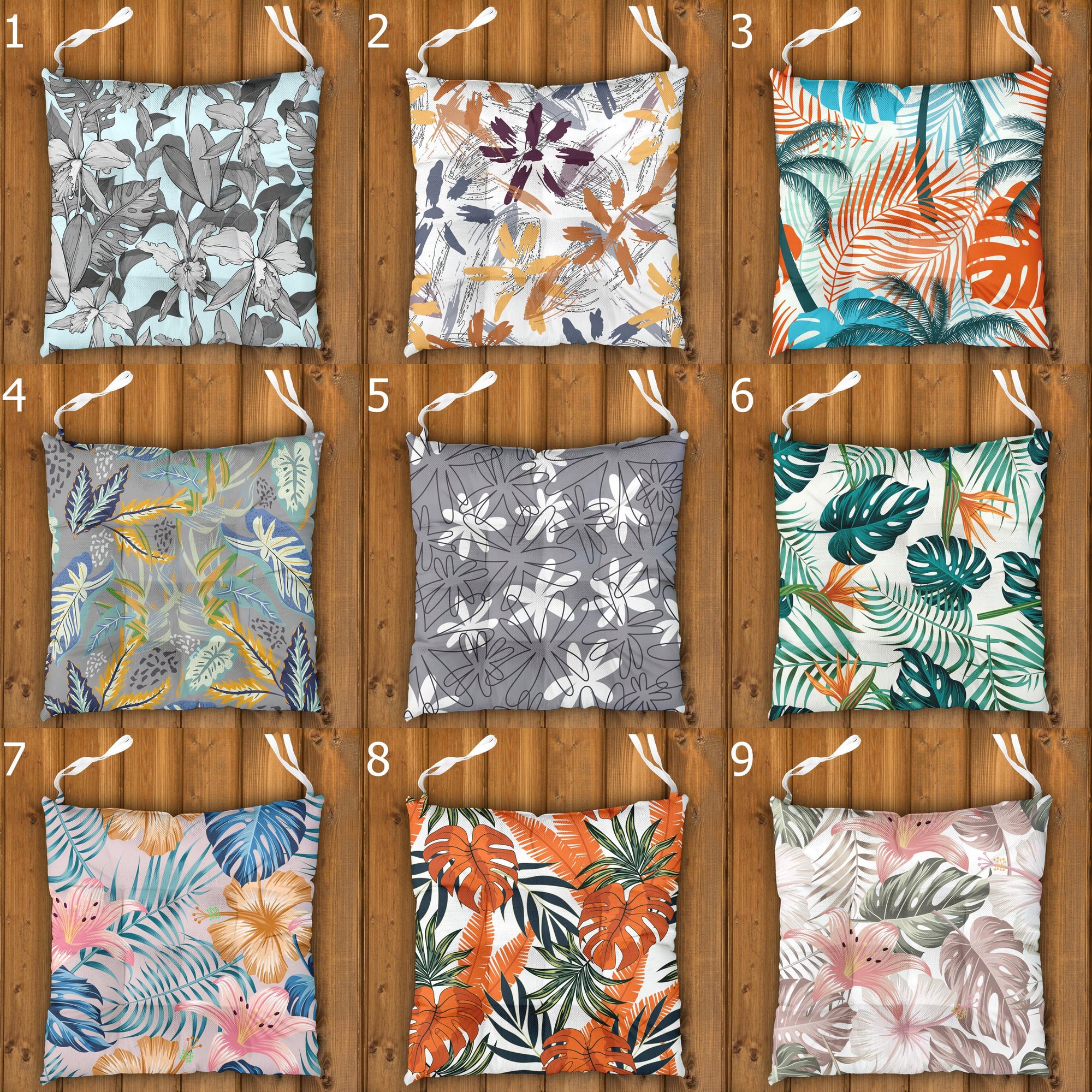 Tropical Chair Cushions, Botanical Seat Pads, Tropical Outdoor Patio Cushions, Botanical Leaf Print Chair Pads, Exotic Garden Seat Cushions