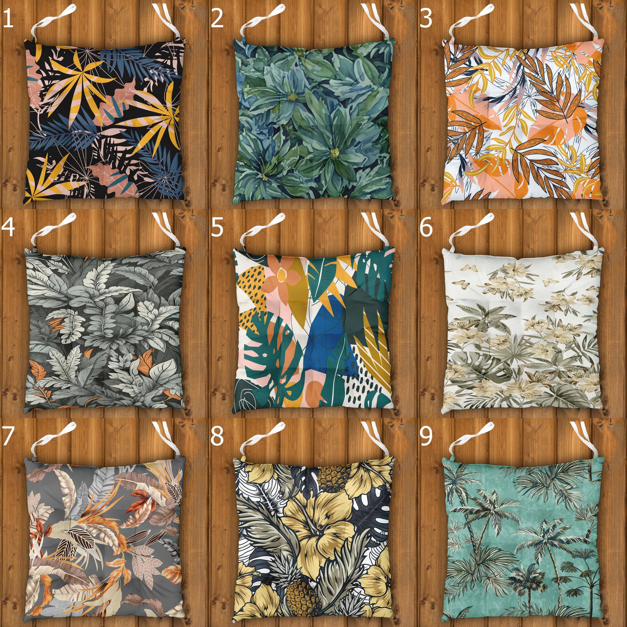 Botanical Seat Pads, Tropical Chair Cushions, Tropical Outdoor Patio Cushions, Botanical Leaf Print Chair Pads, Exotic Garden Seat Cushions