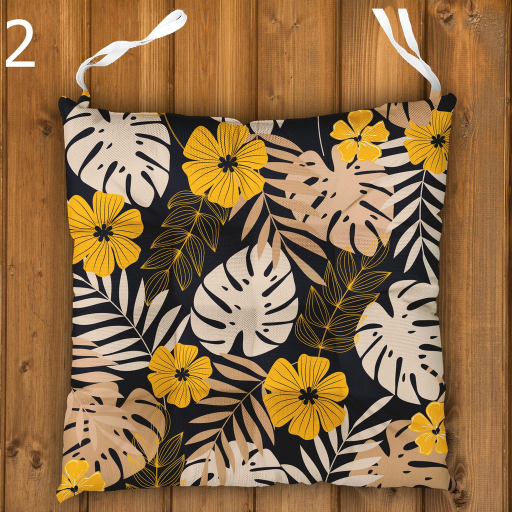 Tropical Outdoor Patio Cushions, Botanical Seat Pads, Tropical Chair Cushions, Botanical Leaf Print Chair Pads, Exotic Garden Seat Cushions