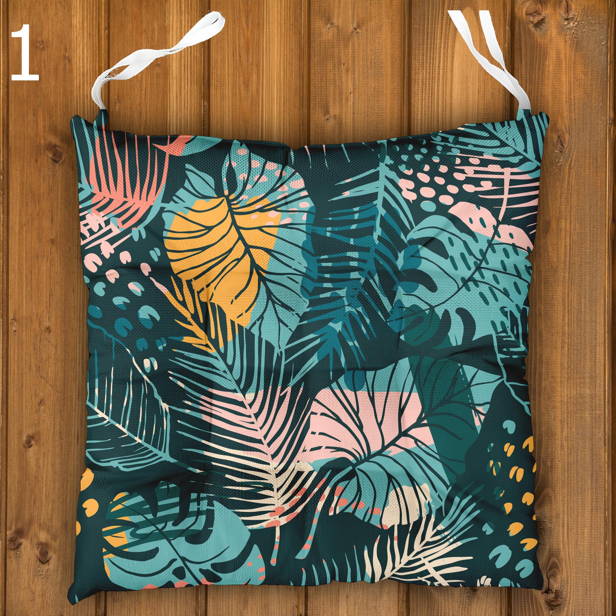 Tropical Chair Cushions, Tropical Outdoor Patio Cushions, Botanical Seat Pads, Botanical Leaf Print Chair Pads, Exotic Garden Seat Cushions