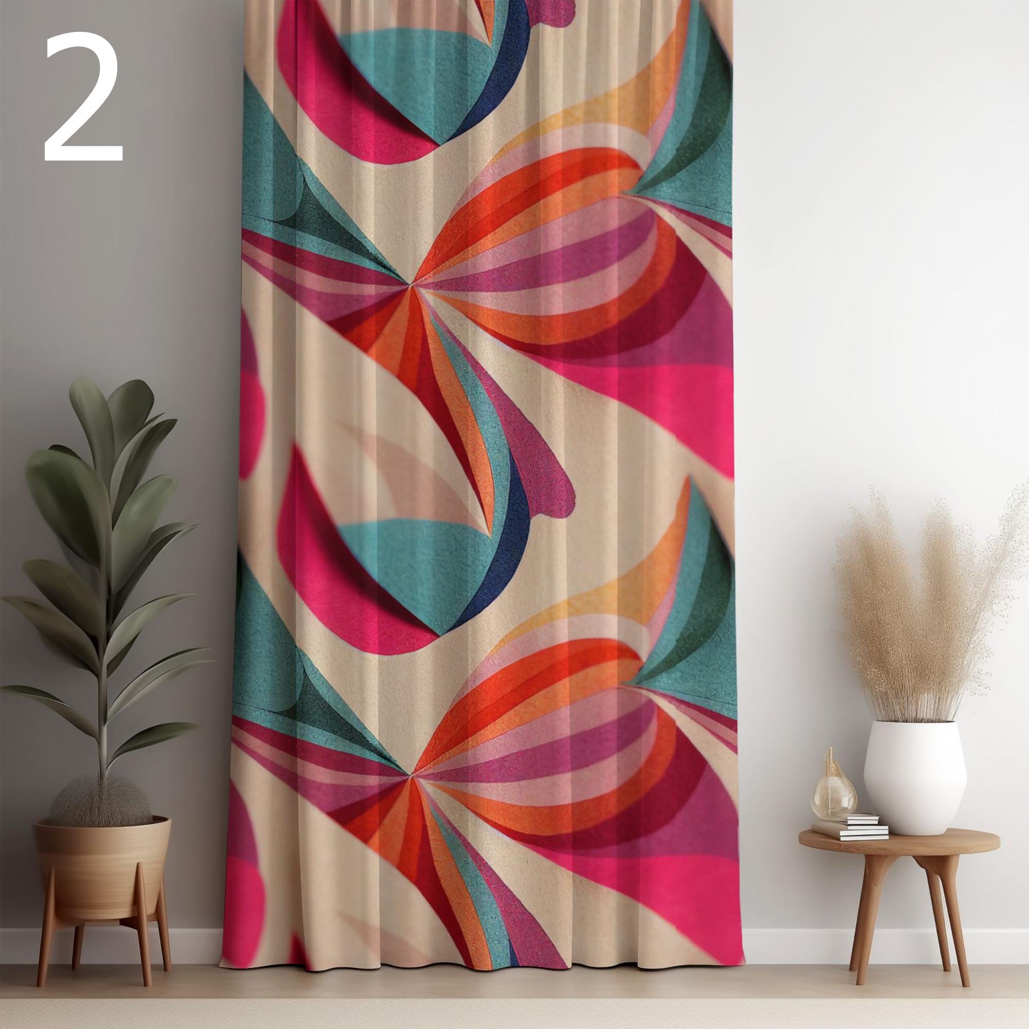 Retro Geometric Curtain, Mid Century Modern Window Panel, Abstract Colorful Drapes, Vintage Style Room Panel Curtains, Modern Art Curtains