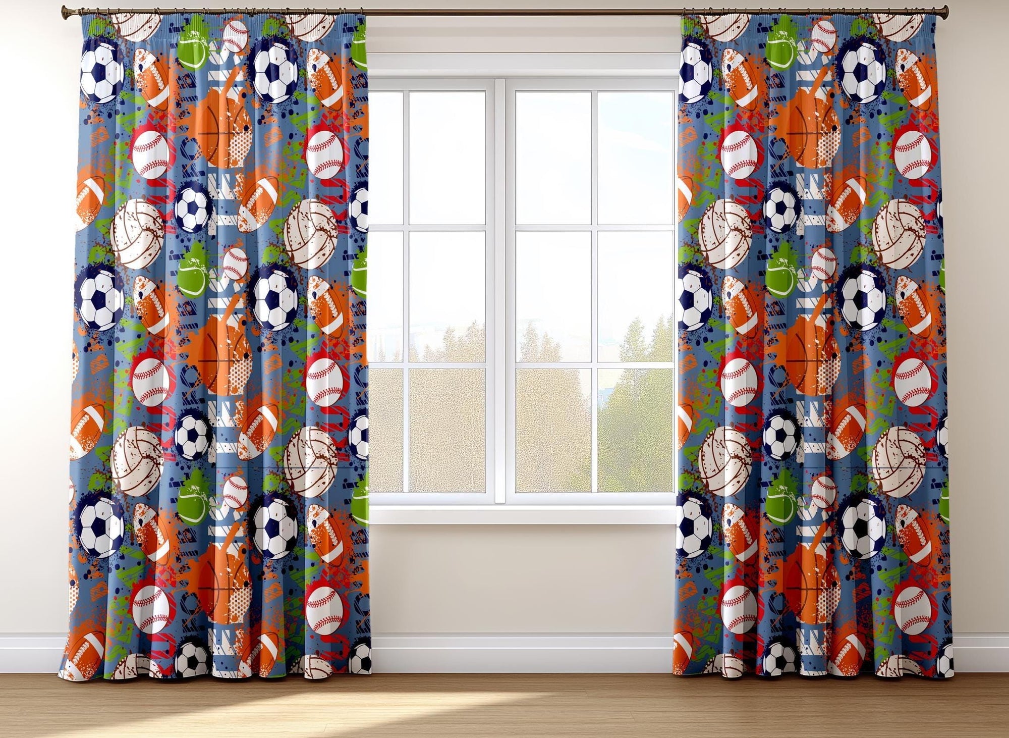 Kids Sports Theme Curtains, Boys Room Window Panels, Football Soccer Baseball Basketball Drapes, Playroom Curtain Panels