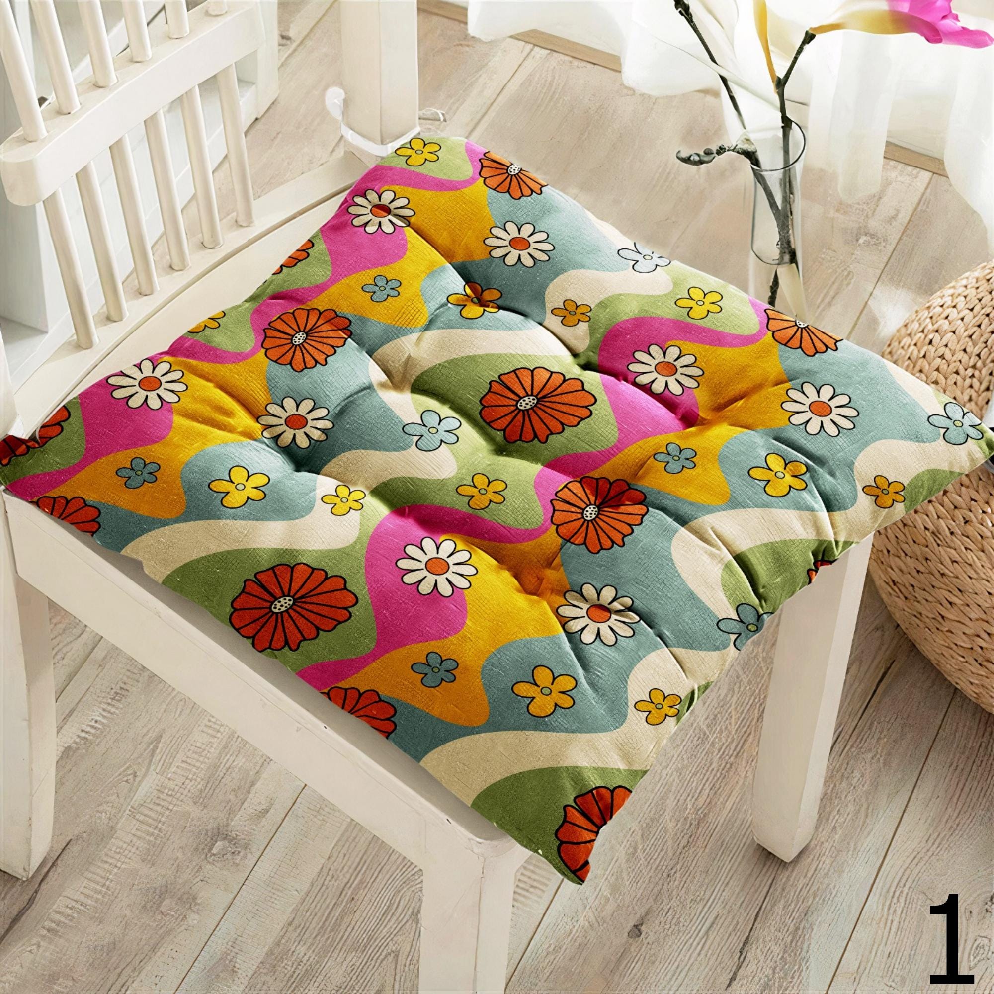 Retro Floral Chair Pads, 70s Style Colorful Seat Cushions, Boho Flower Power Chair Cushions, Hippie Flowers Kitchen & Patio Pillows