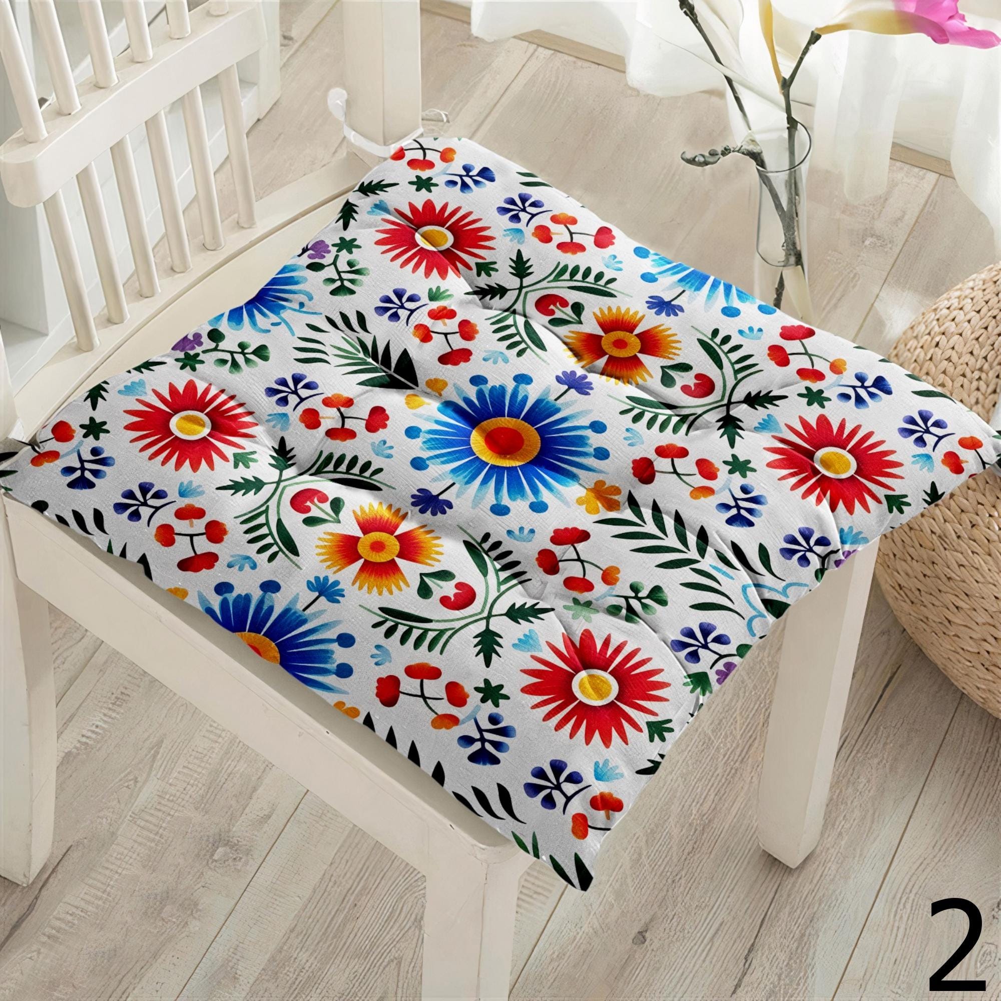 Folk Art Floral Chair Pads, Colorful Boho Seat Cushions, Eastern European Style Cushion Covers, Folk Art Chair Cushions