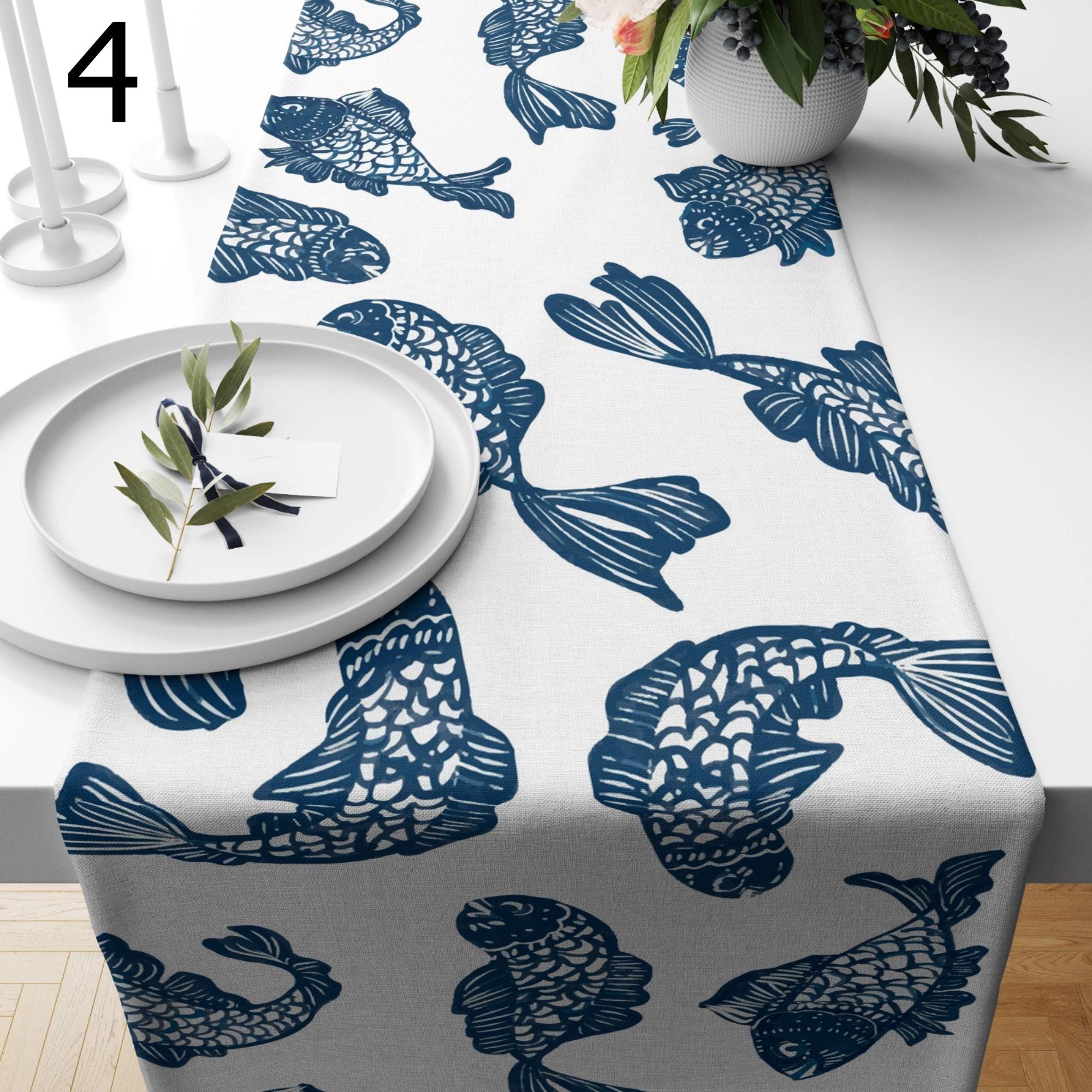 Japanese Koi Fish Table Runner, Blue Wave Table Decor, Zen Minimalist Dining Table Runners, Asian Inspired Runners