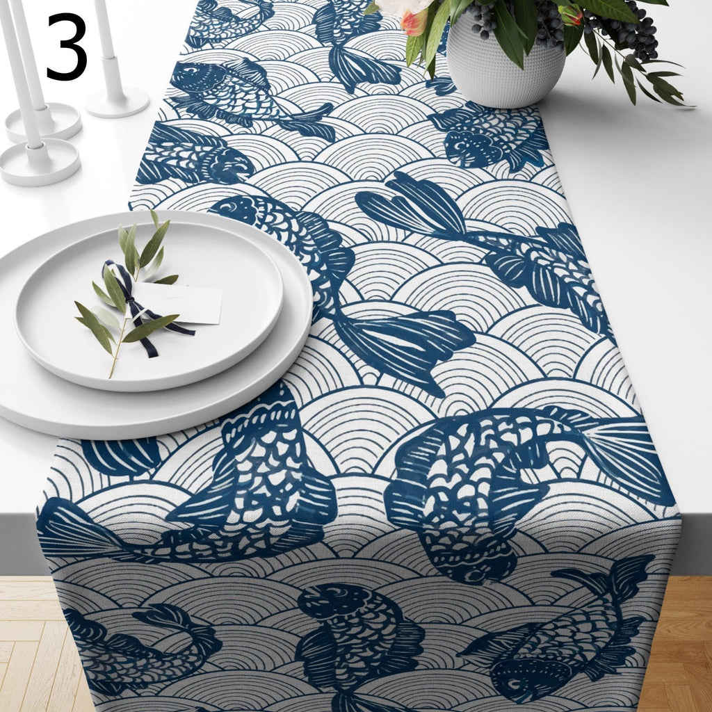 Japanese Koi Fish Table Runner, Blue Wave Table Decor, Zen Minimalist Dining Table Runners, Asian Inspired Runners