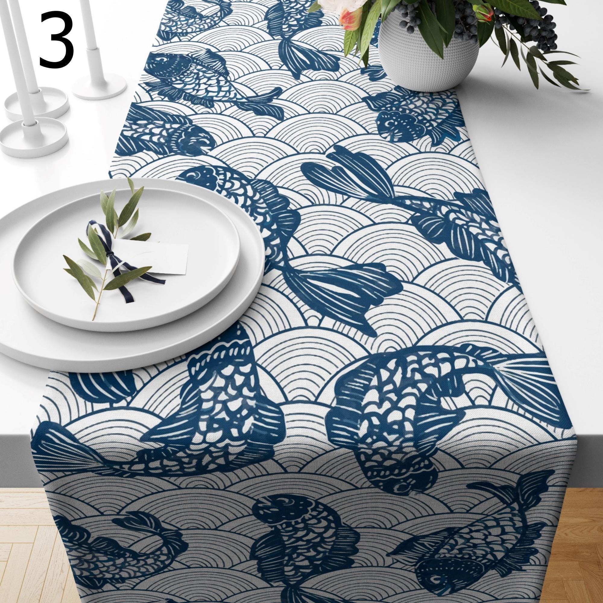 Japanese Koi Fish Table Runner, Blue Wave Table Decor, Zen Minimalist Dining Table Runners, Asian Inspired Runners