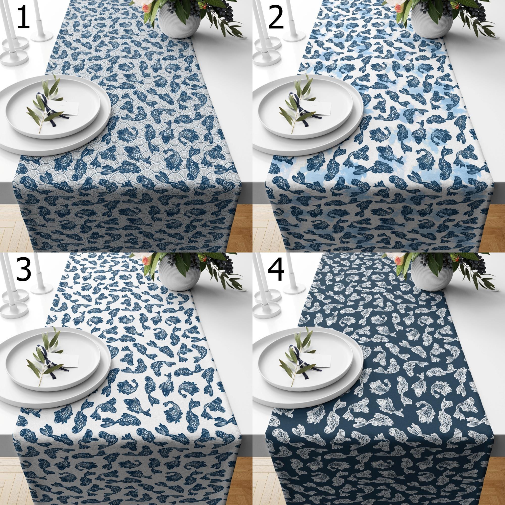 Japanese Koi Fish Table Runner, Blue Fish Table Decor, Zen Minimalist Dining Table Runners, Asian Inspired Runners