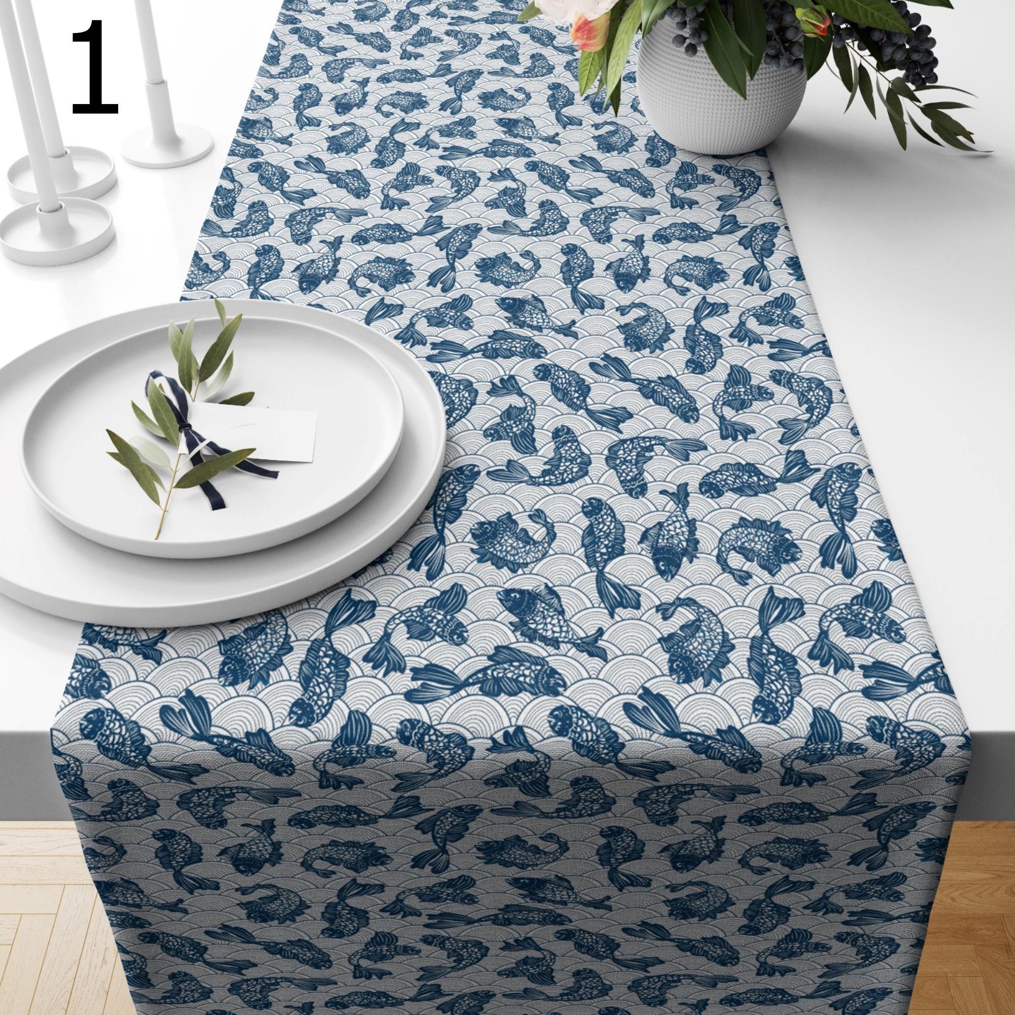 Japanese Koi Fish Table Runner, Blue Fish Table Decor, Zen Minimalist Dining Table Runners, Asian Inspired Runners