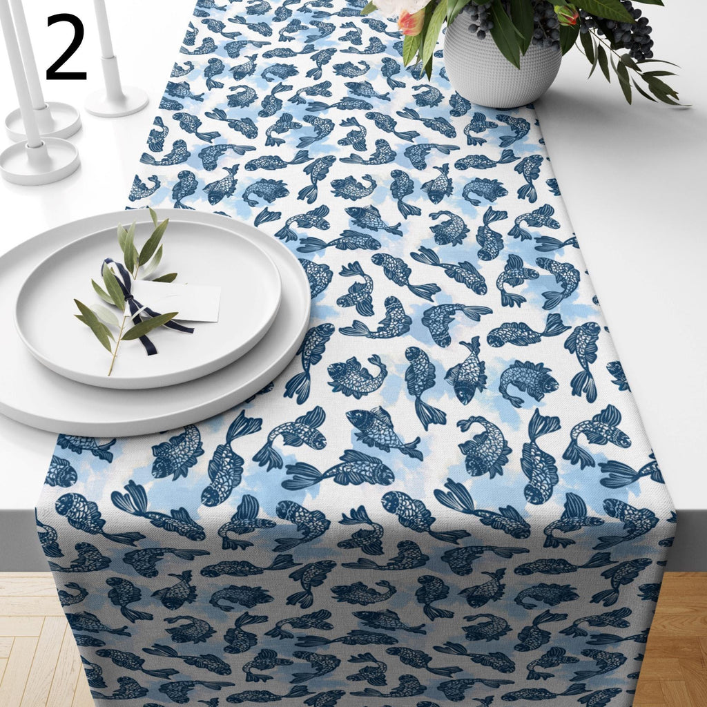 Japanese Koi Fish Table Runner, Blue Fish Table Decor, Zen Minimalist Dining Table Runners, Asian Inspired Runners