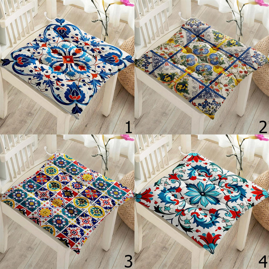 Mediterranean Tile Chair Pads, Boho Mosaic Seat Cushions, Turkish Moroccan Style Pillow Covers, Ceramic Pattern Chair Cushions