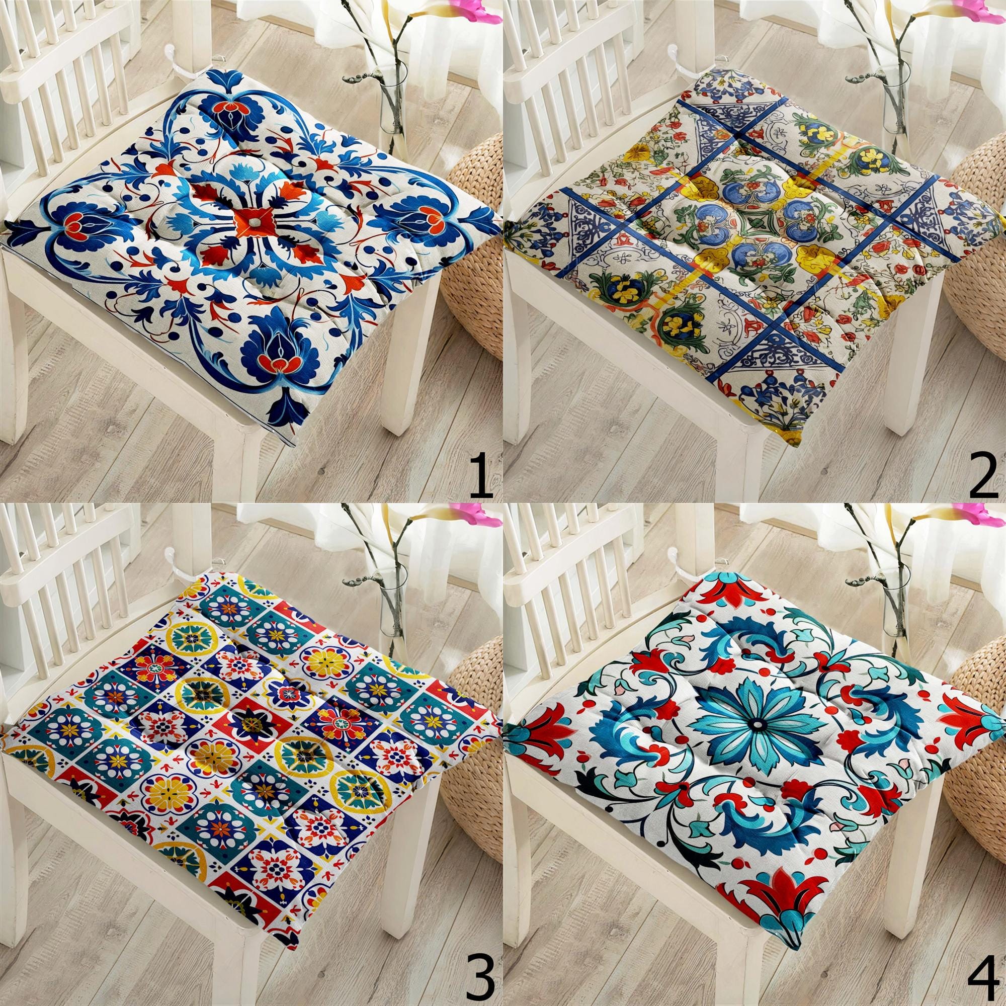Mediterranean Tile Chair Pads, Boho Mosaic Seat Cushions, Turkish Moroccan Style Pillow Covers, Ceramic Pattern Chair Cushions