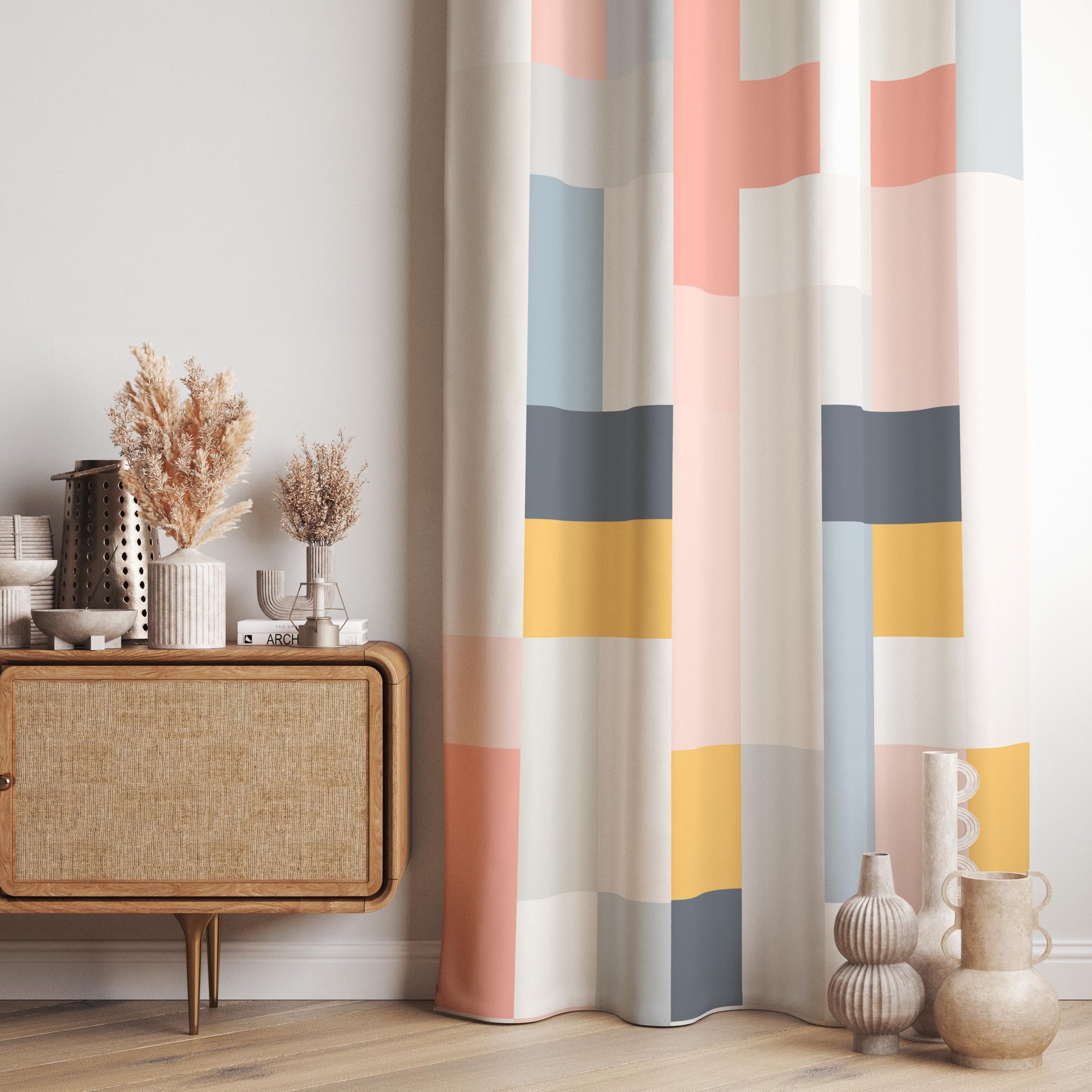 Retro Geometric Abstract Curtains, Retro Style Window Curtains, Mid Century Geometric Style Print Drapes, 70s Curtains