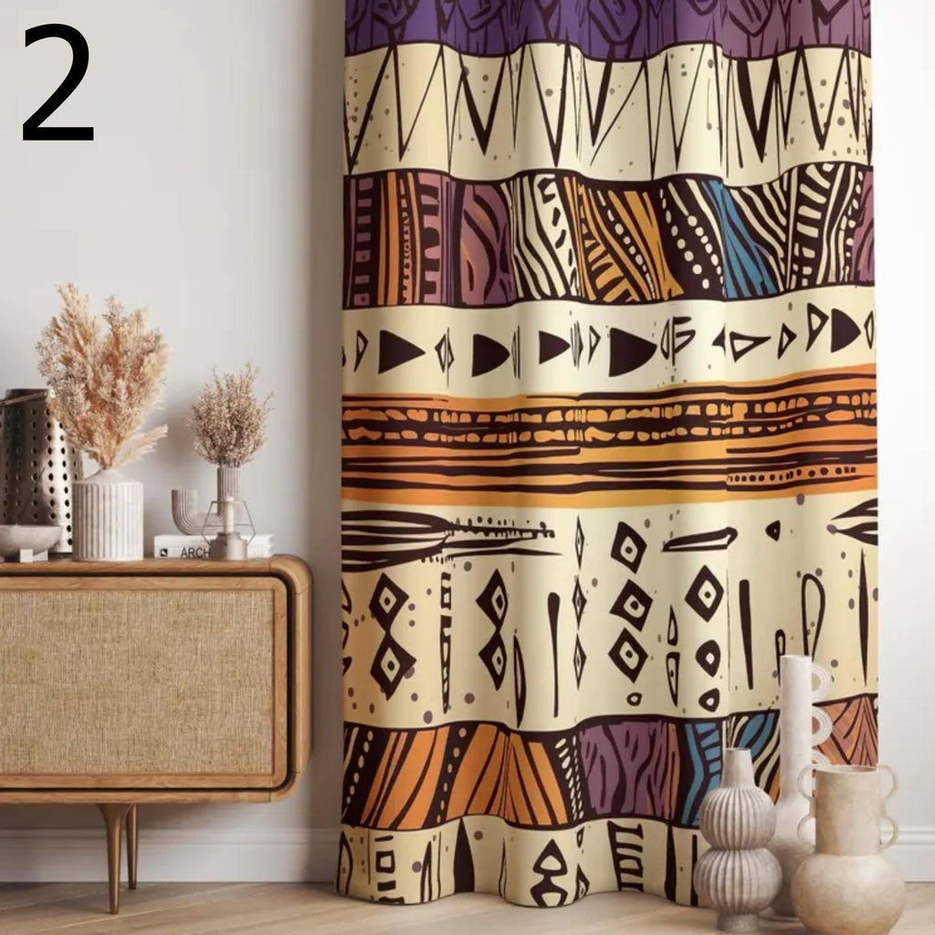 Tribal Boho Curtains, Ethnic Bogolan Pattern Drapes, African Inspired Window Panels, Rustic Bohemian Curtain for Living Room