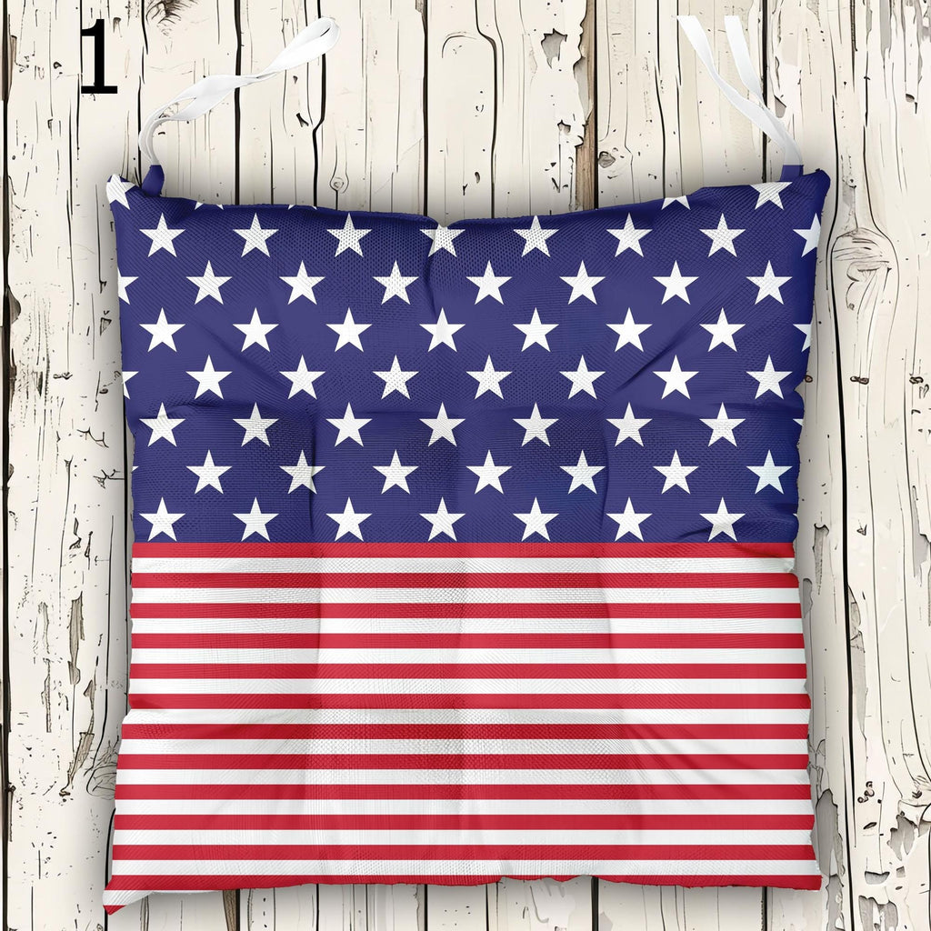 American Flag Stars Outdoor Indoor Chair Cushion With Ties, 4th July Tie-On Chair Pads, 4th July Seat Pads, Independence Day Chair Cushions