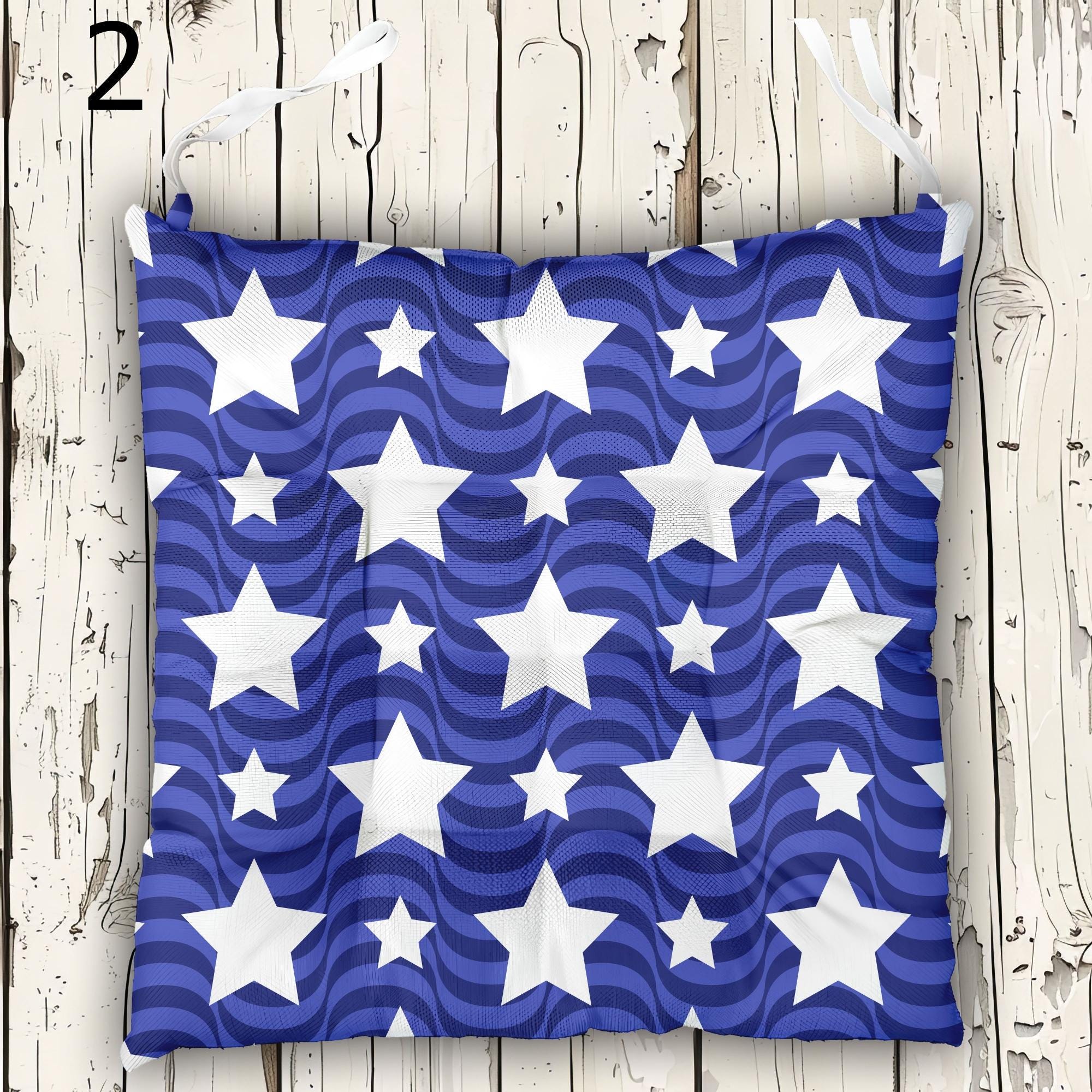 American Flag Stars Outdoor Indoor Chair Cushion With Ties, 4th July Tie-On Chair Pads, 4th July Seat Pads, Independence Day Chair Cushions