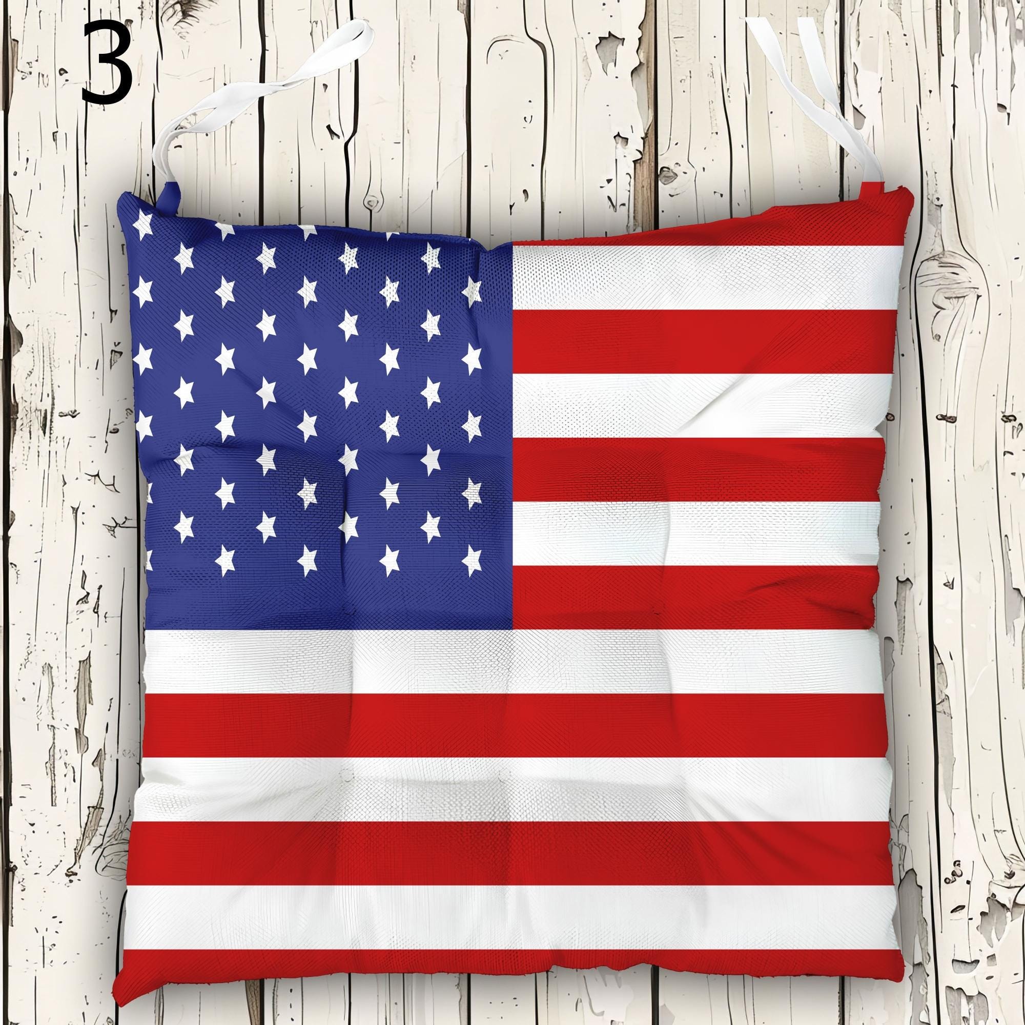 American Flag Stars Outdoor Indoor Chair Cushion With Ties, 4th July Tie-On Chair Pads, 4th July Seat Pads, Independence Day Chair Cushions
