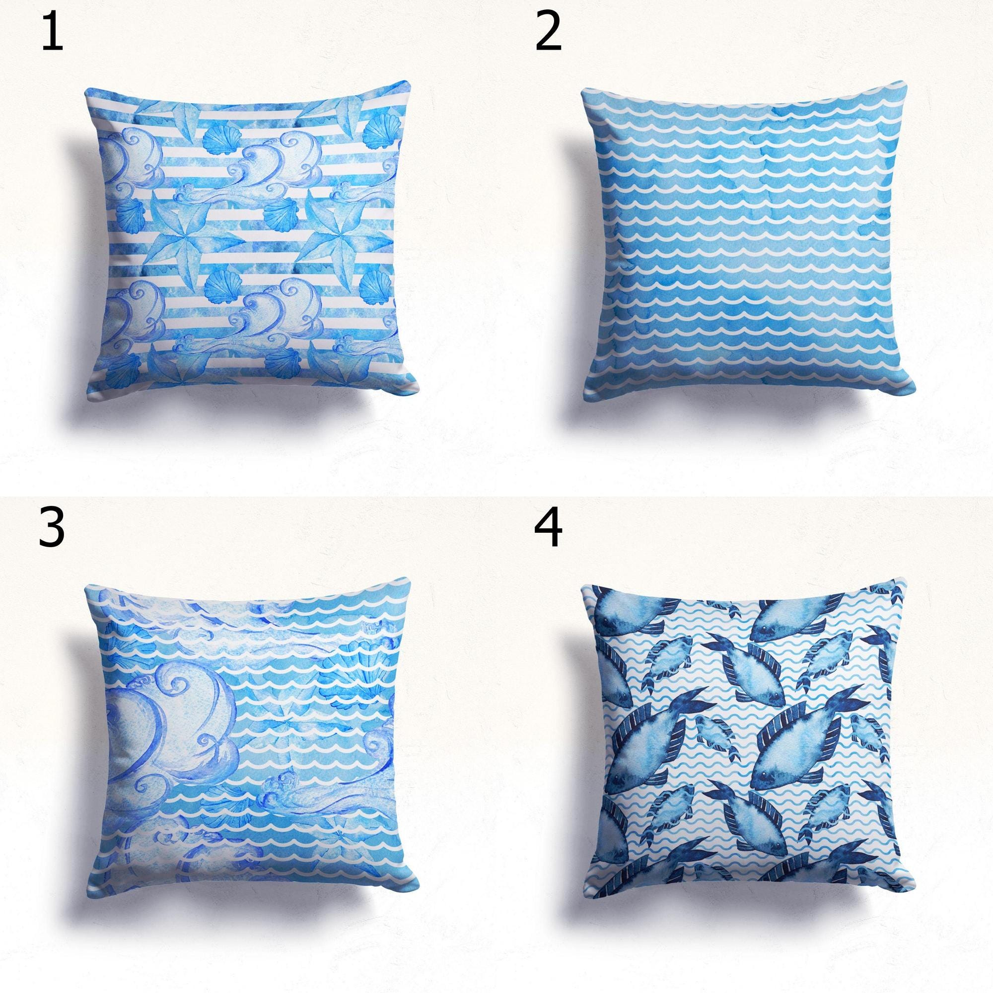 Coastal Nautical Pillow Covers, Watercolor Ocean Throw Pillows, Beach House Decor, Blue Sea Wave Fish Shell Cushion Covers