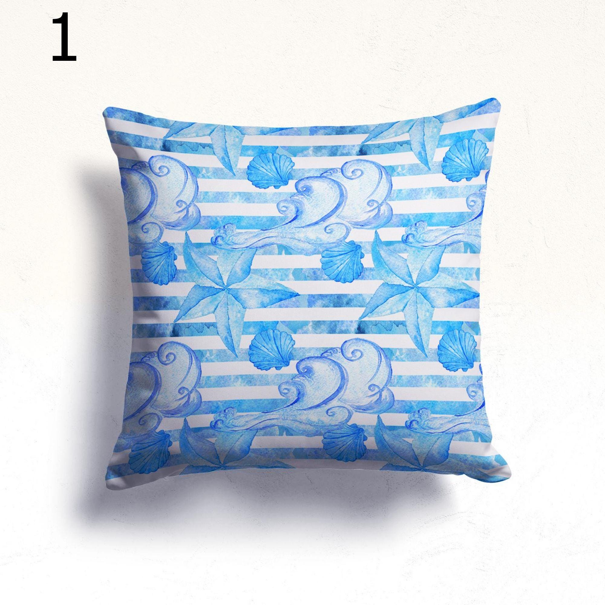 Coastal Nautical Pillow Covers, Watercolor Ocean Throw Pillows, Beach House Decor, Blue Sea Wave Fish Shell Cushion Covers