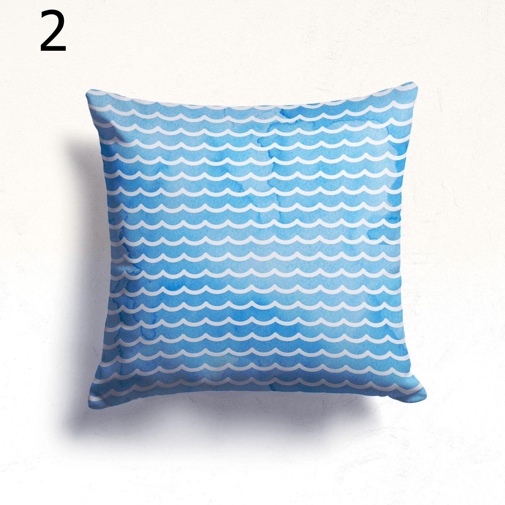 Coastal Nautical Pillow Covers, Watercolor Ocean Throw Pillows, Beach House Decor, Blue Sea Wave Fish Shell Cushion Covers