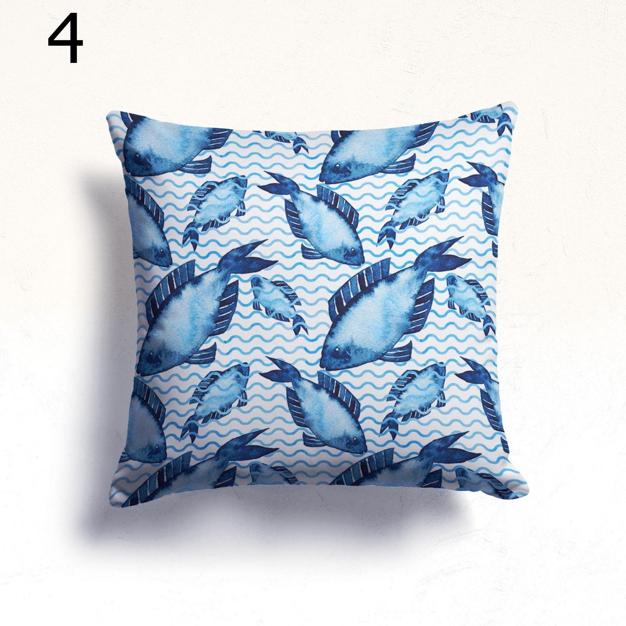 Coastal Nautical Pillow Covers, Watercolor Ocean Throw Pillows, Beach House Decor, Blue Sea Wave Fish Shell Cushion Covers