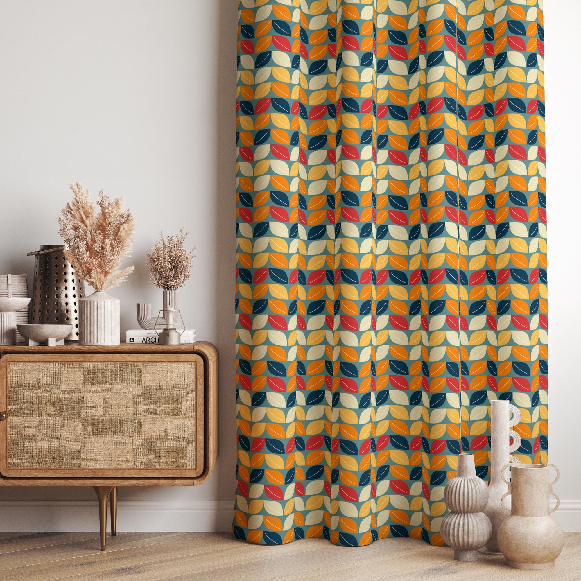 Retro Vintage Style Curtains, Mid Century Modern Window Drapes, 70s Retro Window Panels, Retro Colorful Leaf Curtains, MCM Curtains