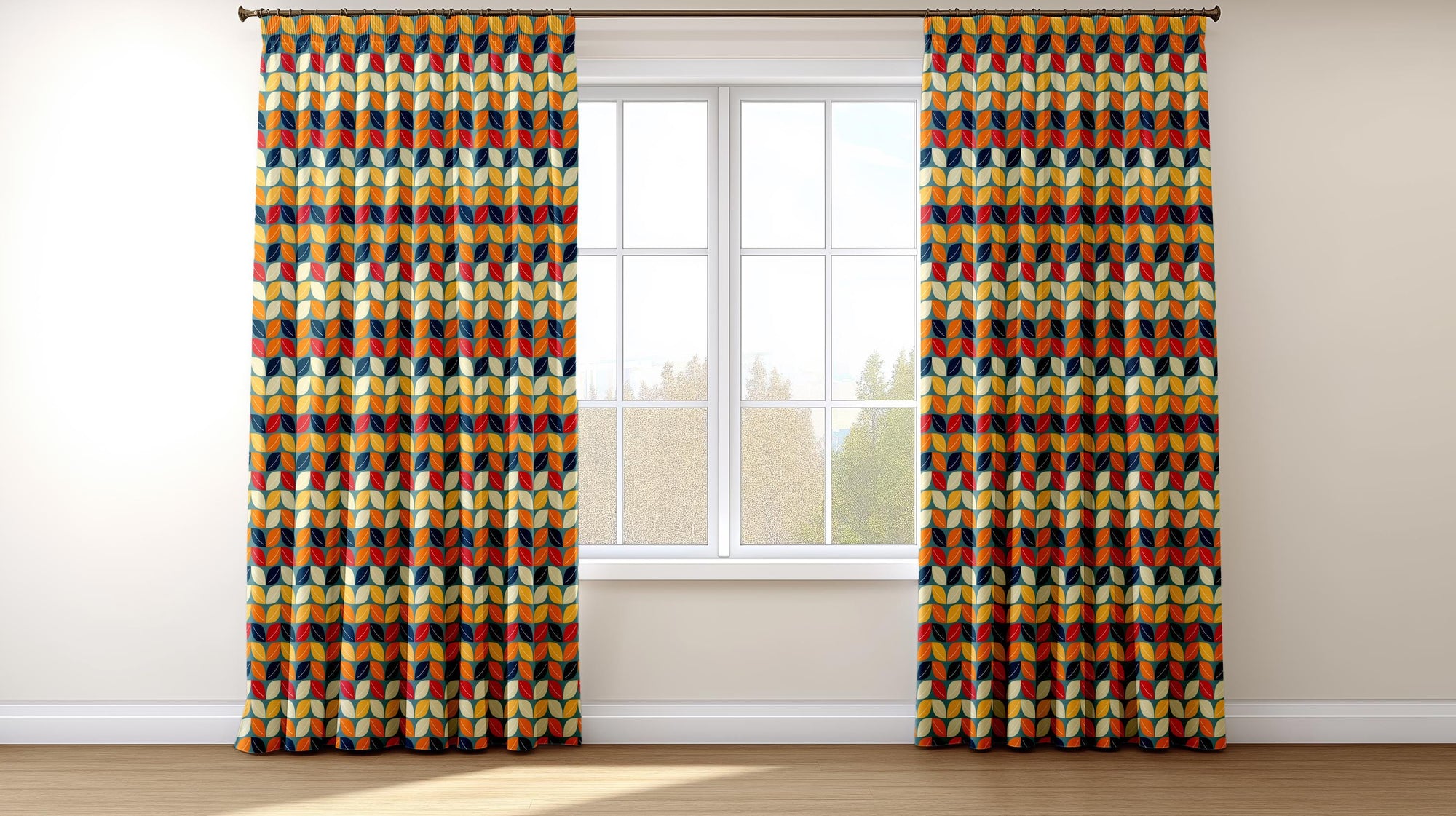 Retro Vintage Style Curtains, Mid Century Modern Window Drapes, 70s Retro Window Panels, Retro Colorful Leaf Curtains, MCM Curtains