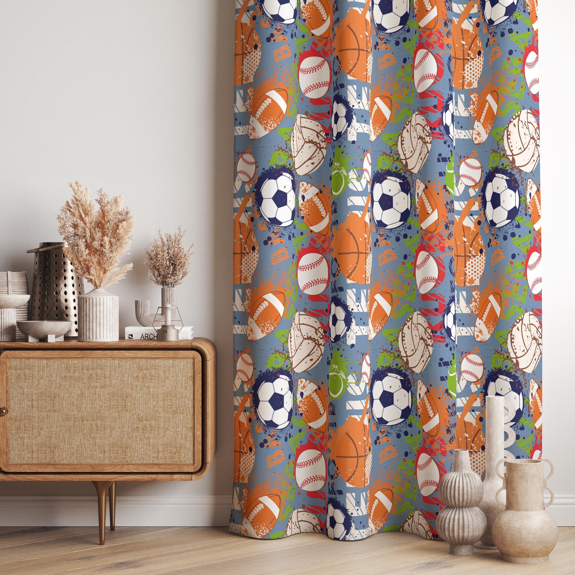 Kids Sports Theme Curtains, Boys Room Window Panels, Football Soccer Baseball Basketball Drapes, Playroom Curtain Panels