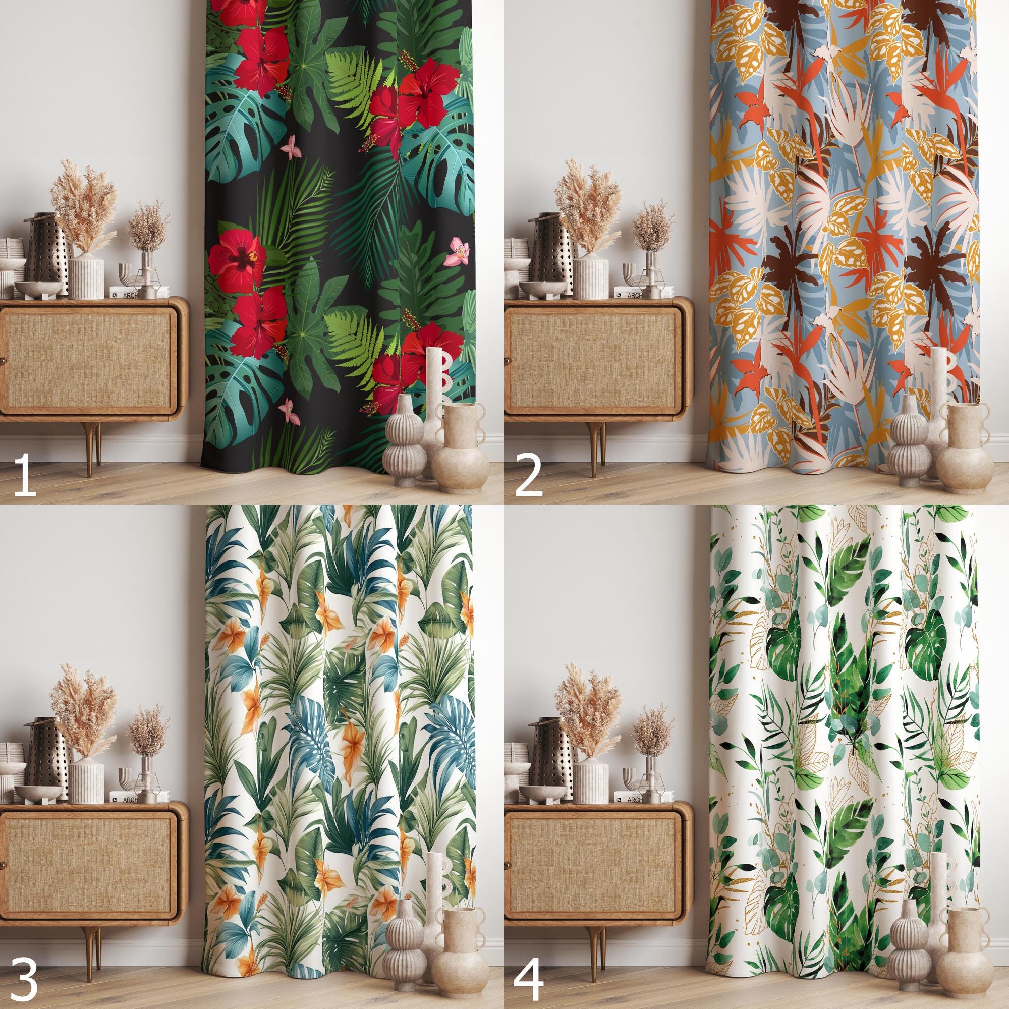 Tropical Jungle Curtains, Tropical Hawaian Drapes, Tropical Green Leaves Window Panels, Monstera Leaf Curtain Panels