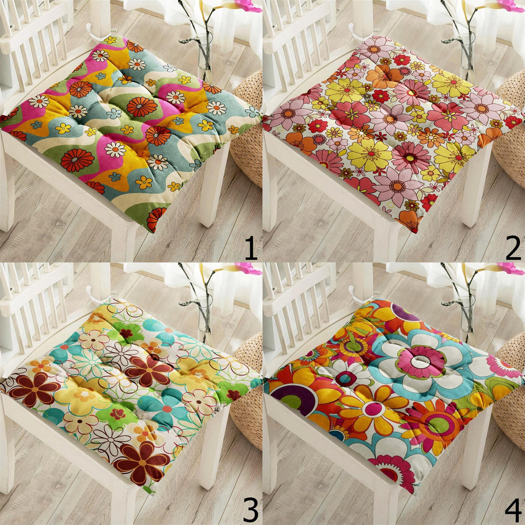 Retro Floral Chair Pads, 70s Style Colorful Seat Cushions, Boho Flower Power Chair Cushions, Hippie Flowers Kitchen & Patio Pillows