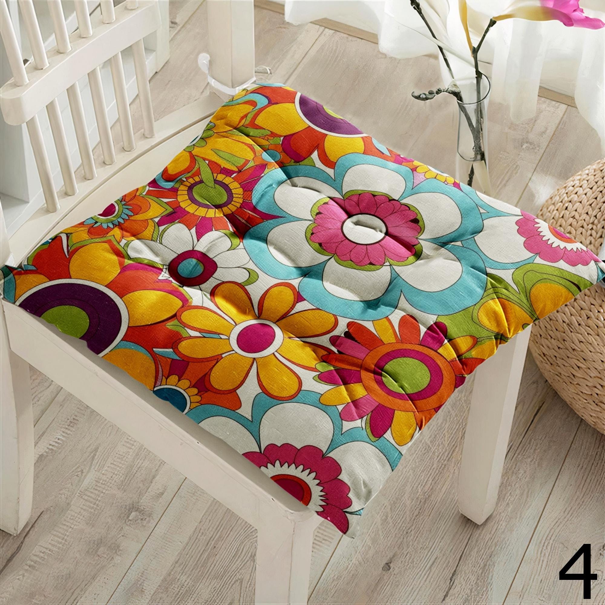 Retro Floral Chair Pads, 70s Style Colorful Seat Cushions, Boho Flower Power Chair Cushions, Hippie Flowers Kitchen & Patio Pillows