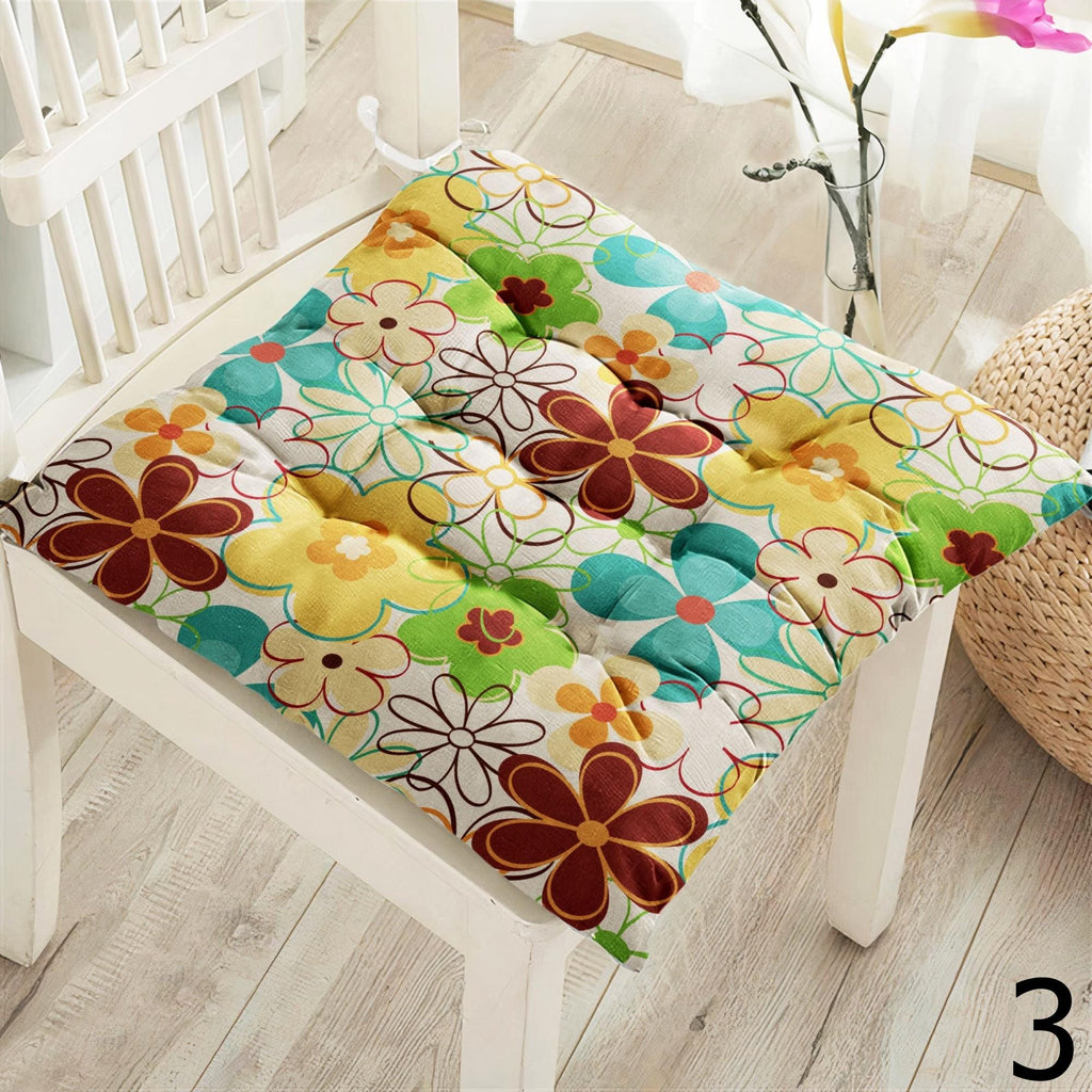 Retro Floral Chair Pads, 70s Style Colorful Seat Cushions, Boho Flower Power Chair Cushions, Hippie Flowers Kitchen & Patio Pillows