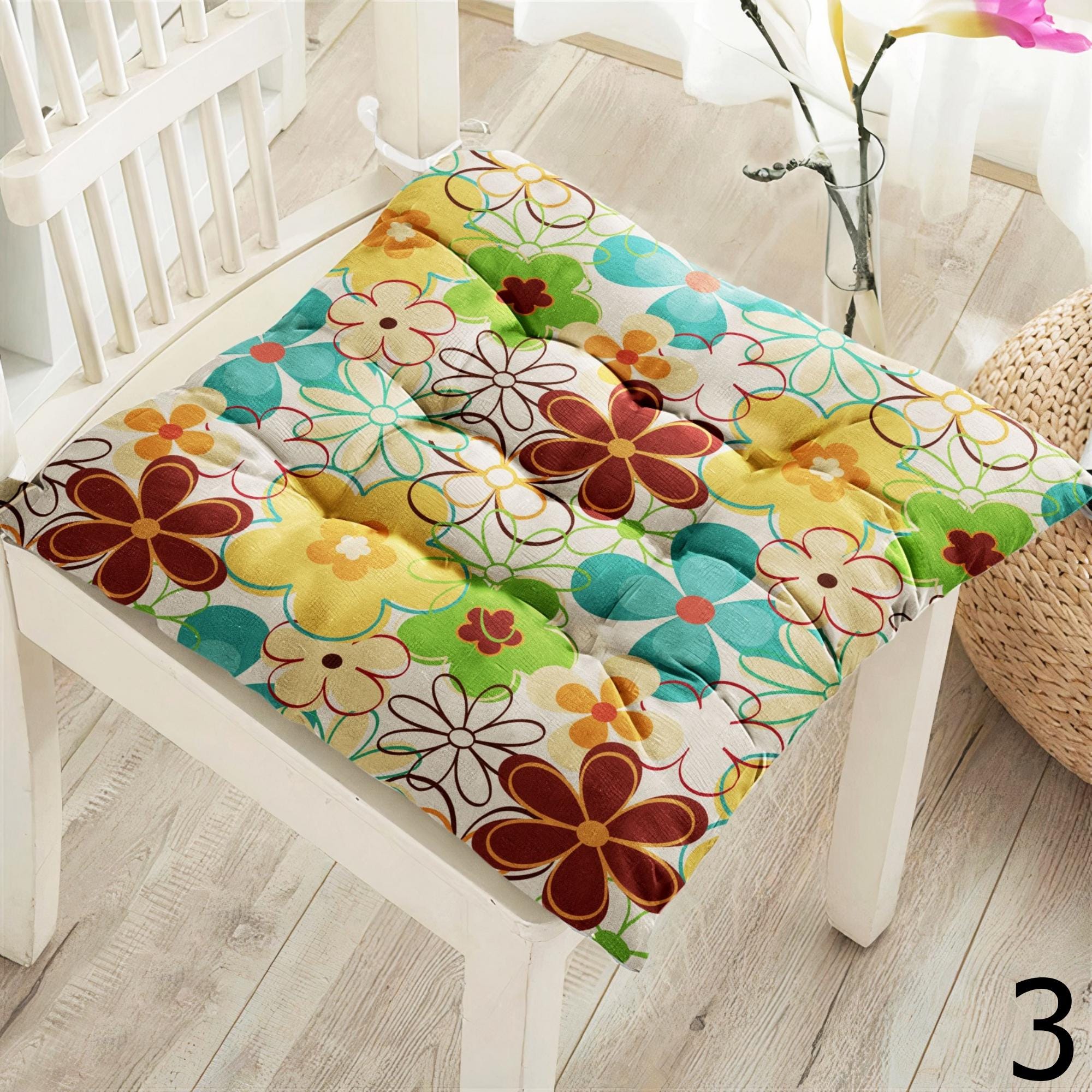 Retro Floral Chair Pads, 70s Style Colorful Seat Cushions, Boho Flower Power Chair Cushions, Hippie Flowers Kitchen & Patio Pillows