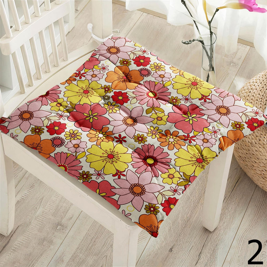 Retro Floral Chair Pads, 70s Style Colorful Seat Cushions, Boho Flower Power Chair Cushions, Hippie Flowers Kitchen & Patio Pillows