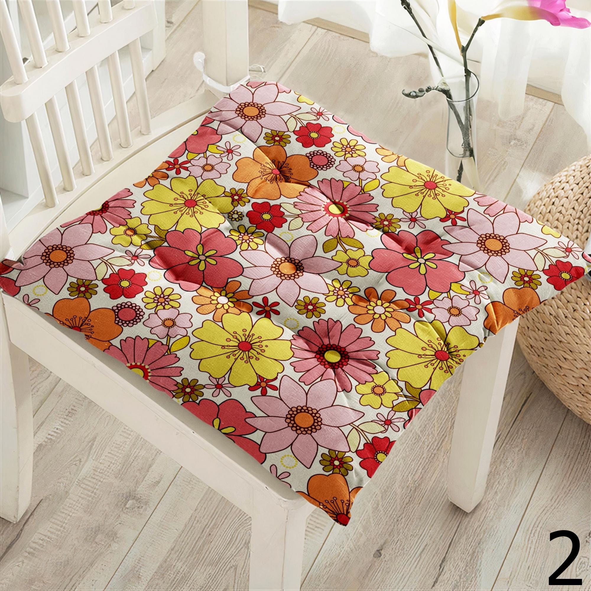 Retro Floral Chair Pads, 70s Style Colorful Seat Cushions, Boho Flower Power Chair Cushions, Hippie Flowers Kitchen & Patio Pillows