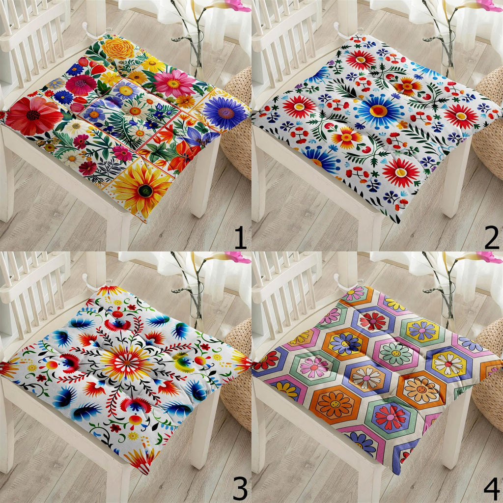 Folk Art Floral Chair Pads, Colorful Boho Seat Cushions, Eastern European Style Cushion Covers, Folk Art Chair Cushions